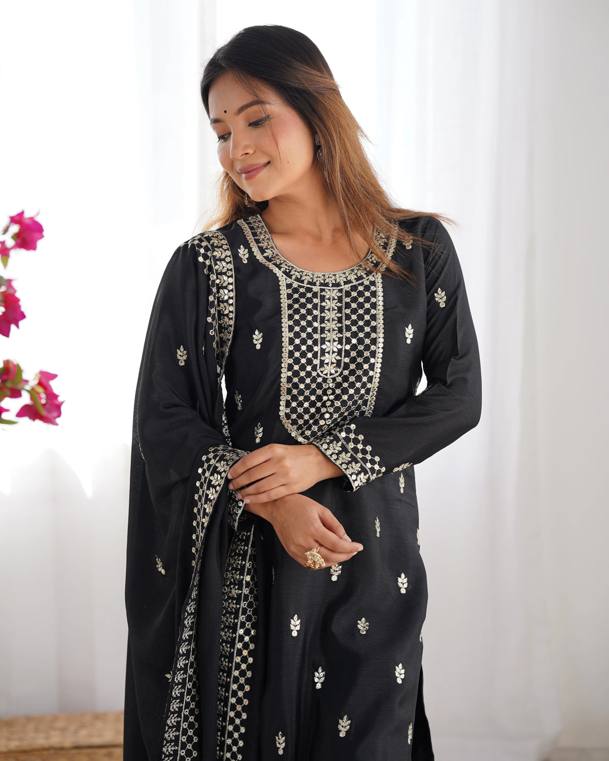 Black Zari Embroidery & Sequin Chinon Silk Suit – Kalyanja
