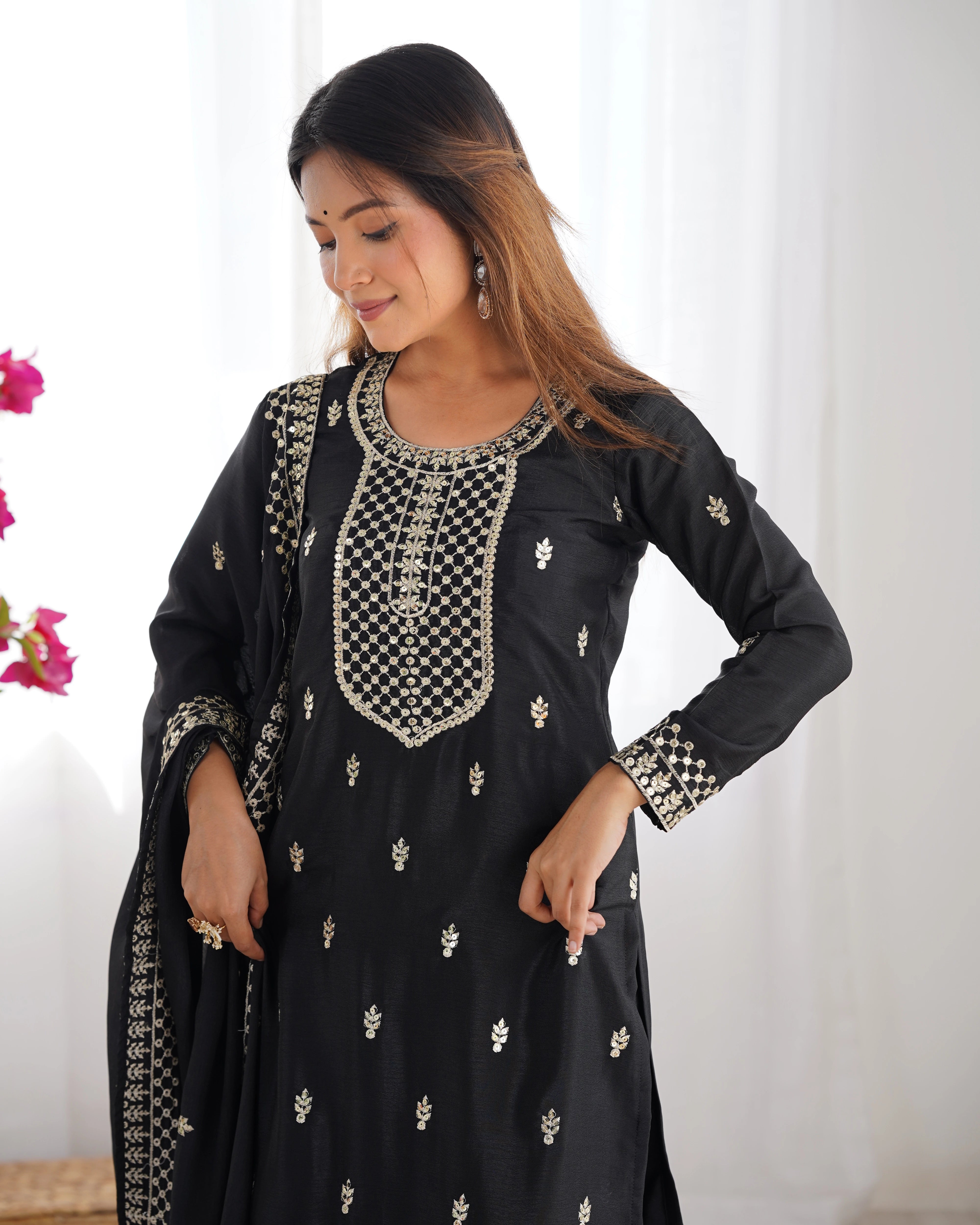 Black Zari Embroidery & Sequin Chinon Silk Suit
