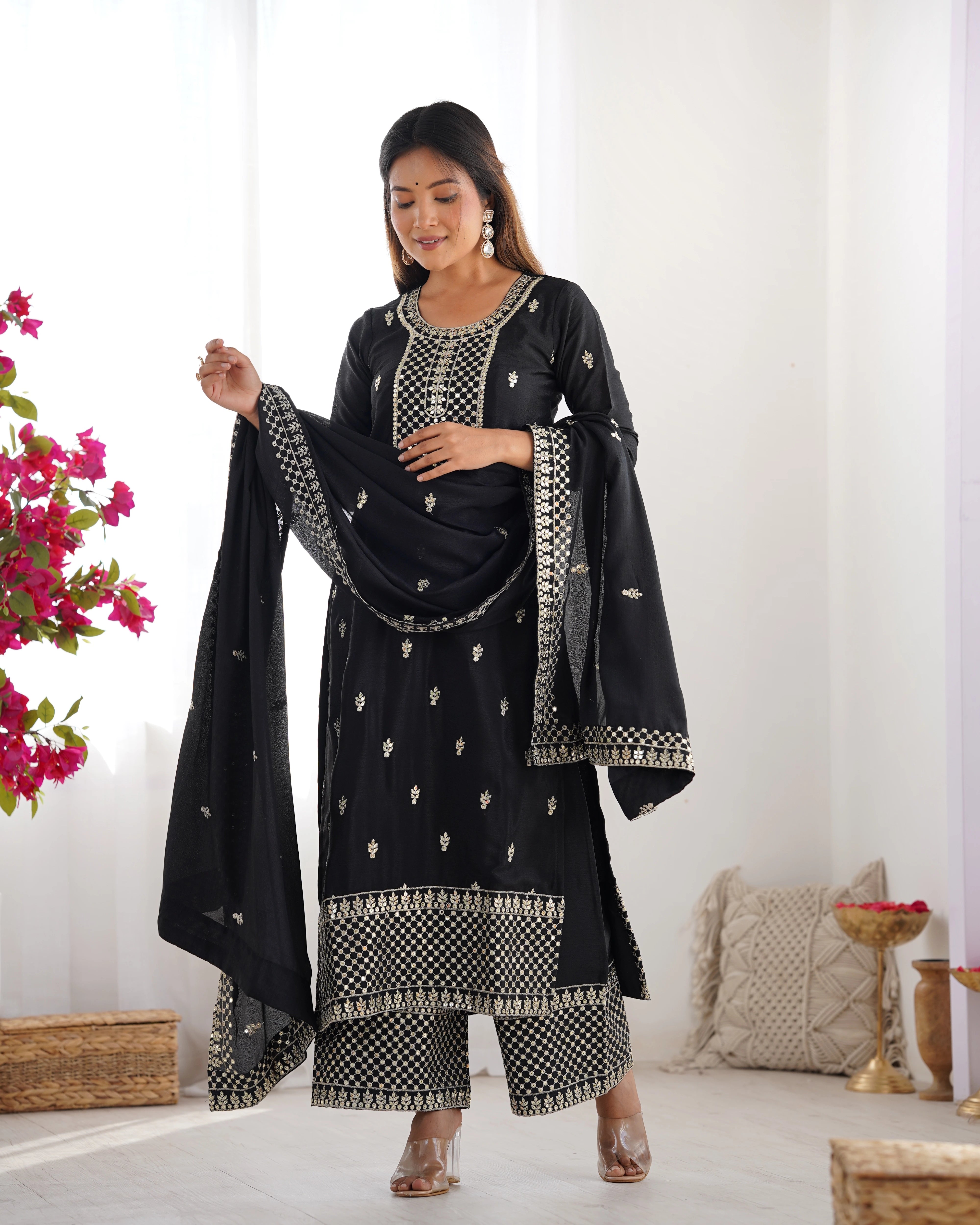 Black Zari Embroidery & Sequin Chinon Silk Suit