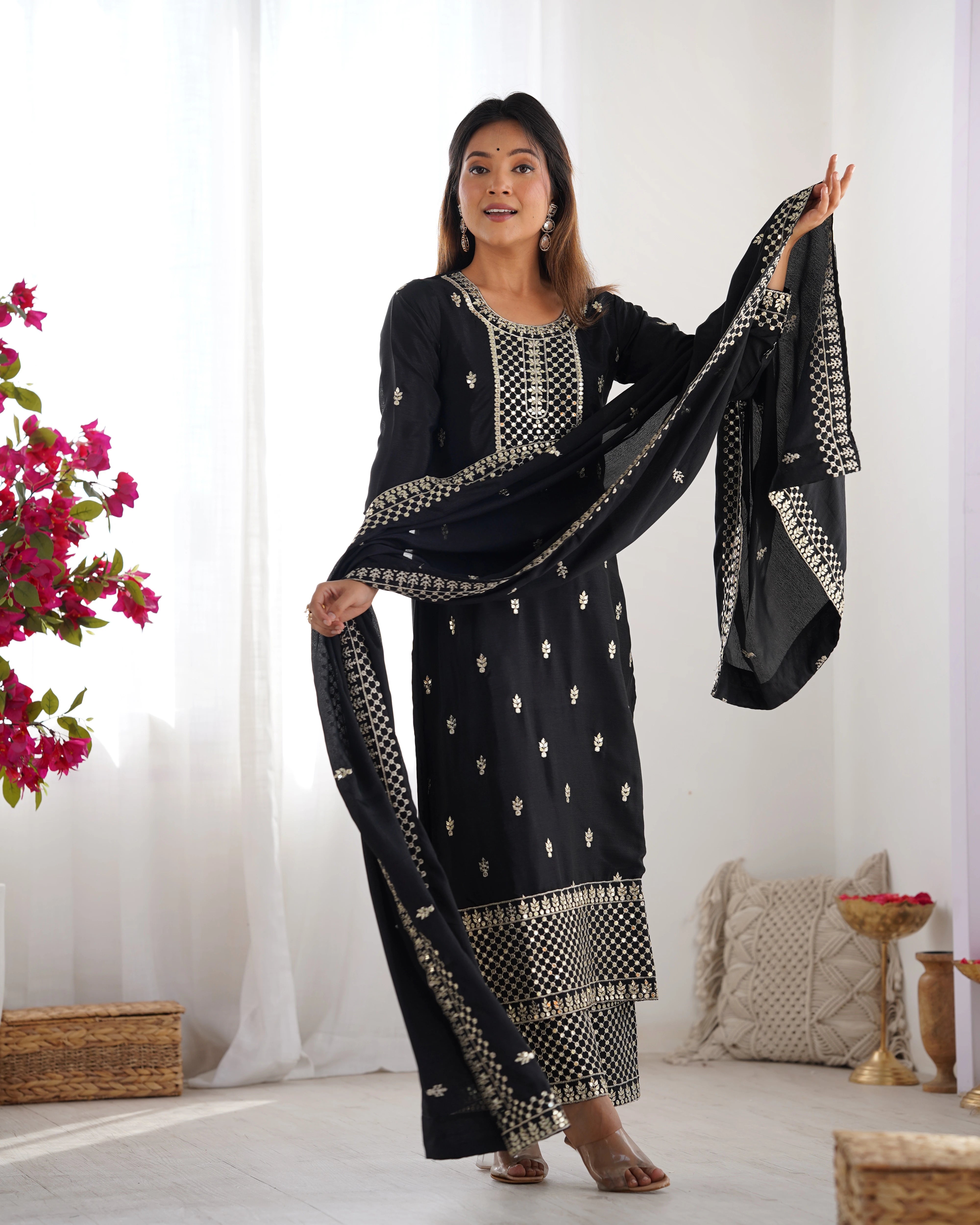 Black Zari Embroidery & Sequin Chinon Silk Suit