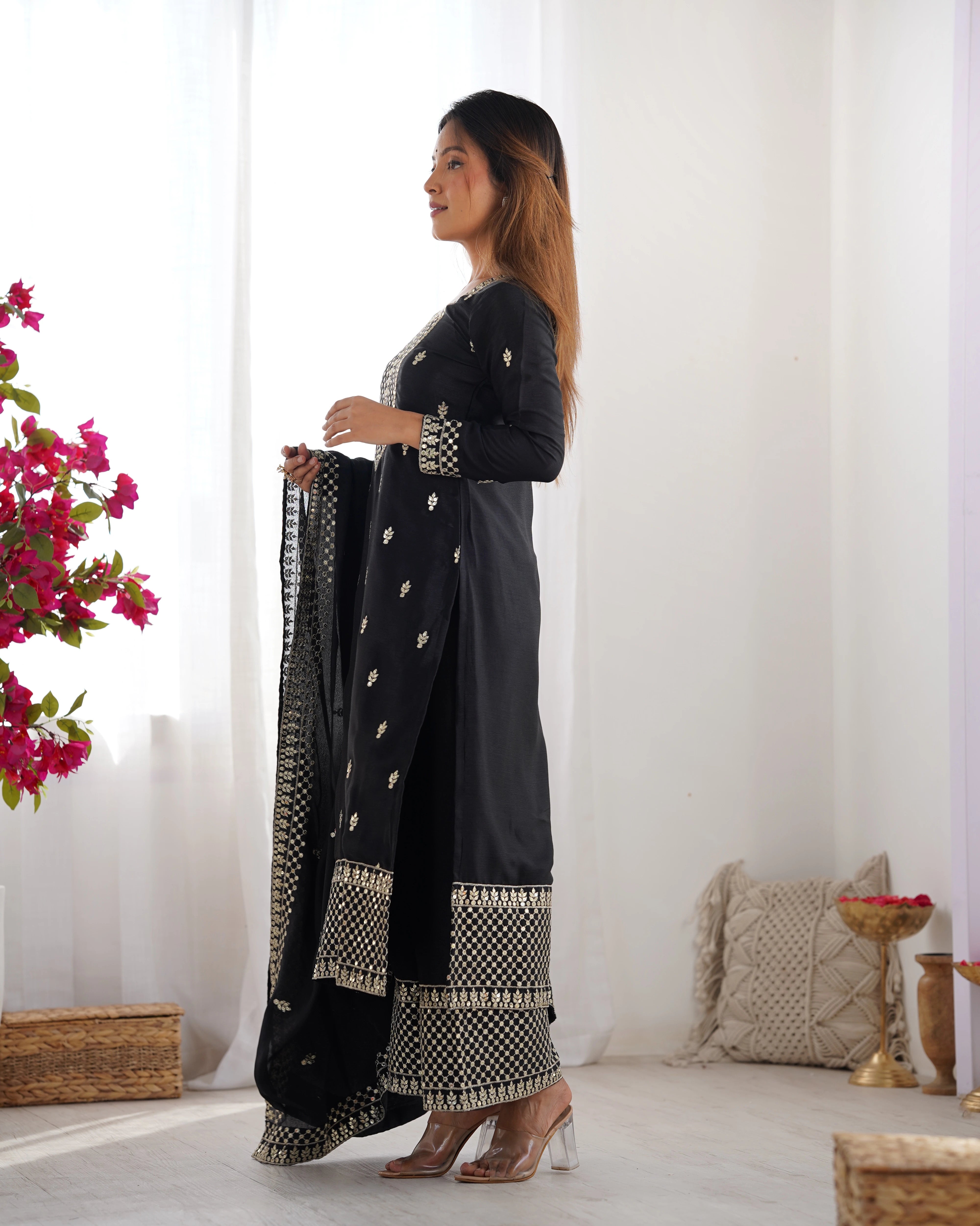 Black Zari Embroidery & Sequin Chinon Silk Suit