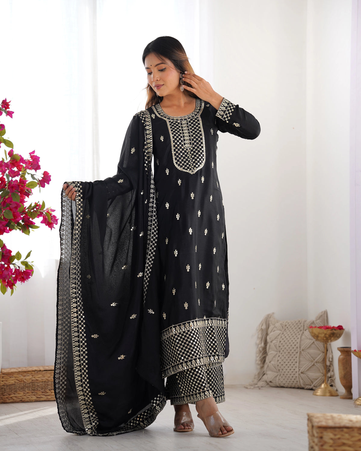 Black Zari Embroidery & Sequin Chinon Silk Suit – Kalyanja
