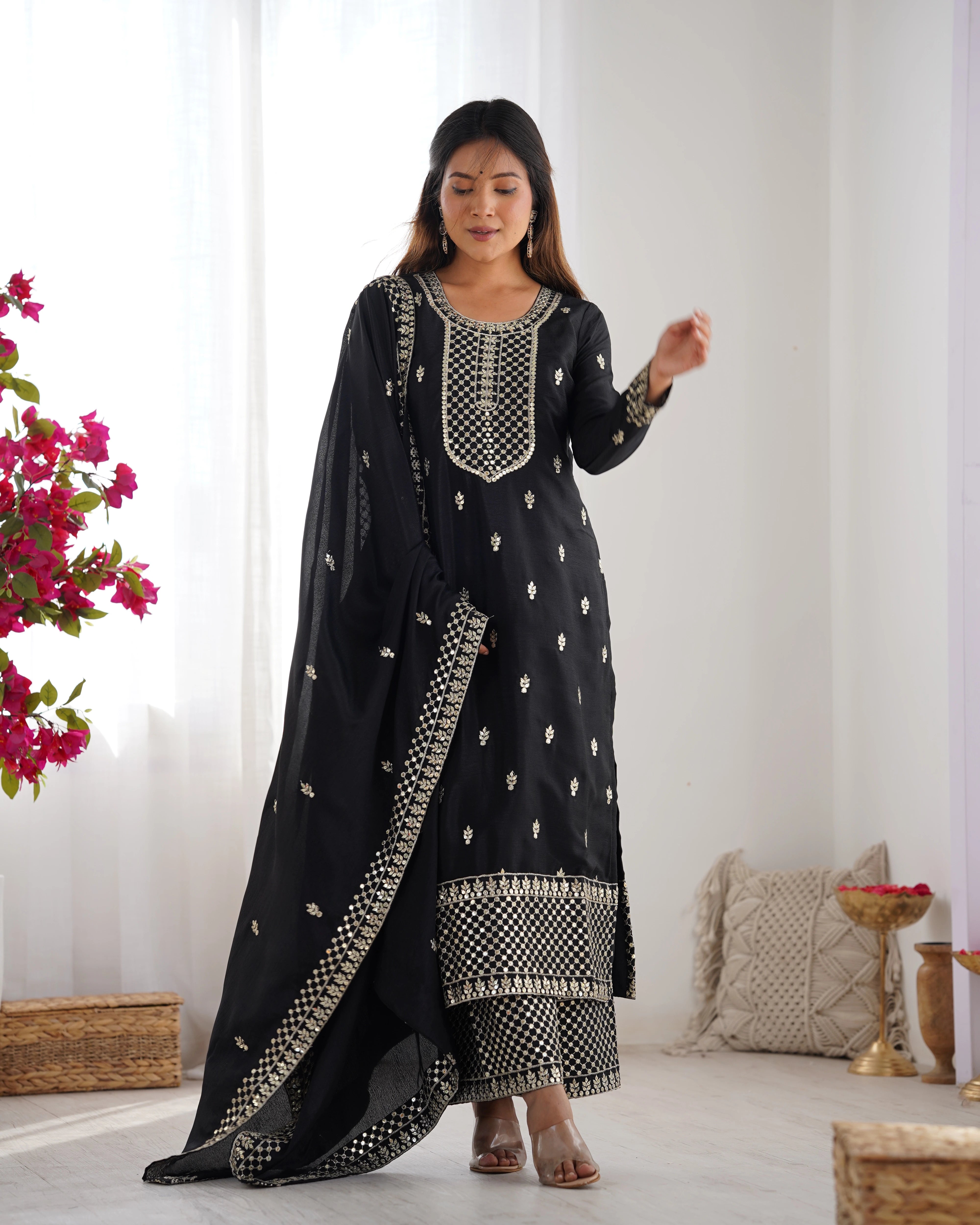 Black Zari Embroidery & Sequin Chinon Silk Suit