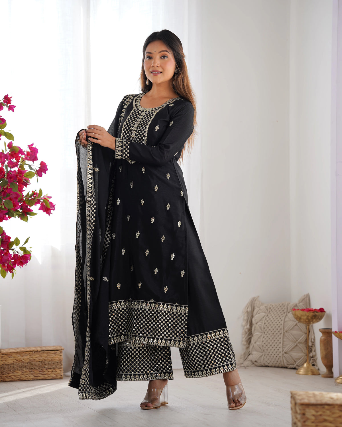 Black Zari Embroidery & Sequin Chinon Silk Suit – Kalyanja
