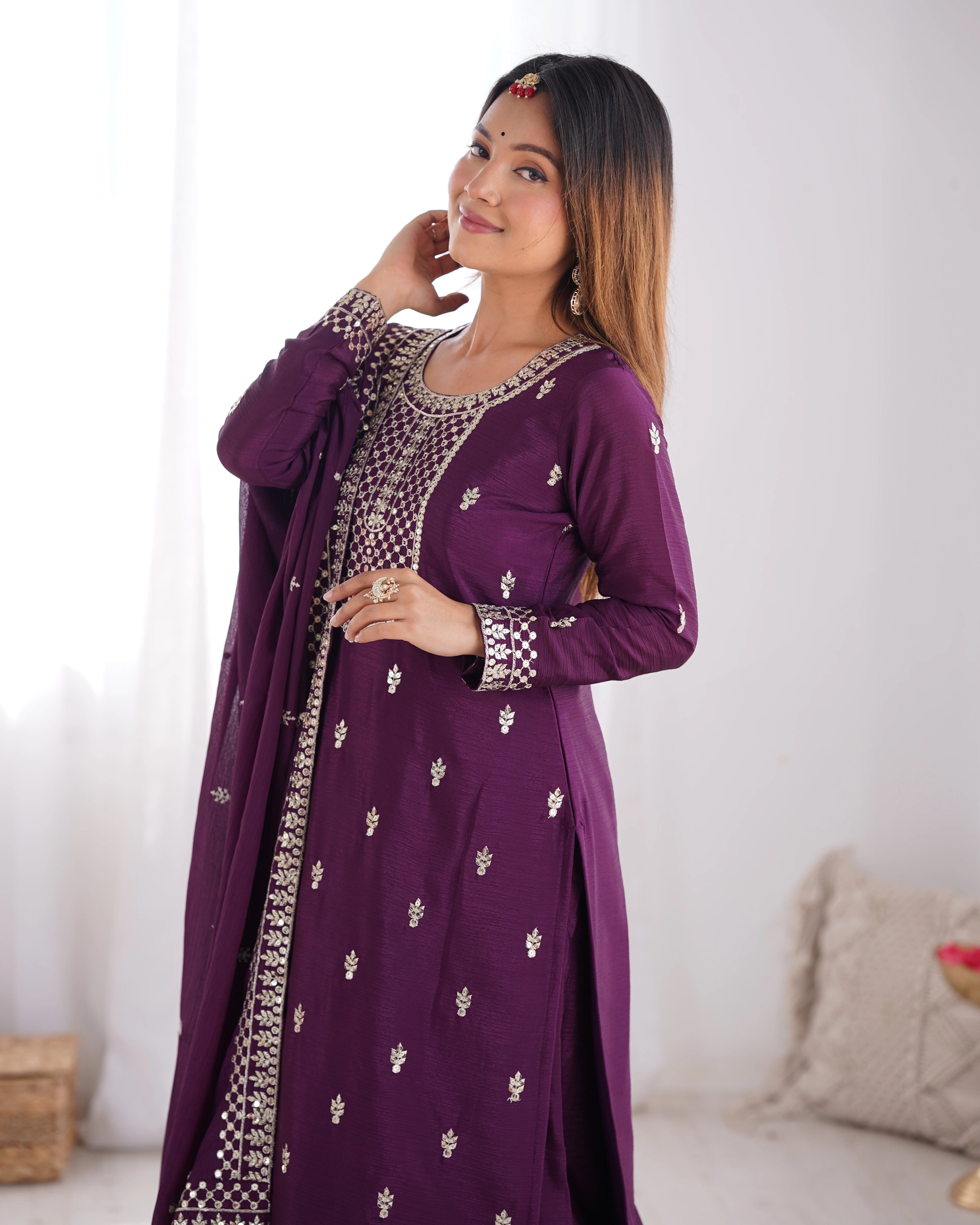 Wine Zari Embroidery & Sequin Chinon Silk Suit