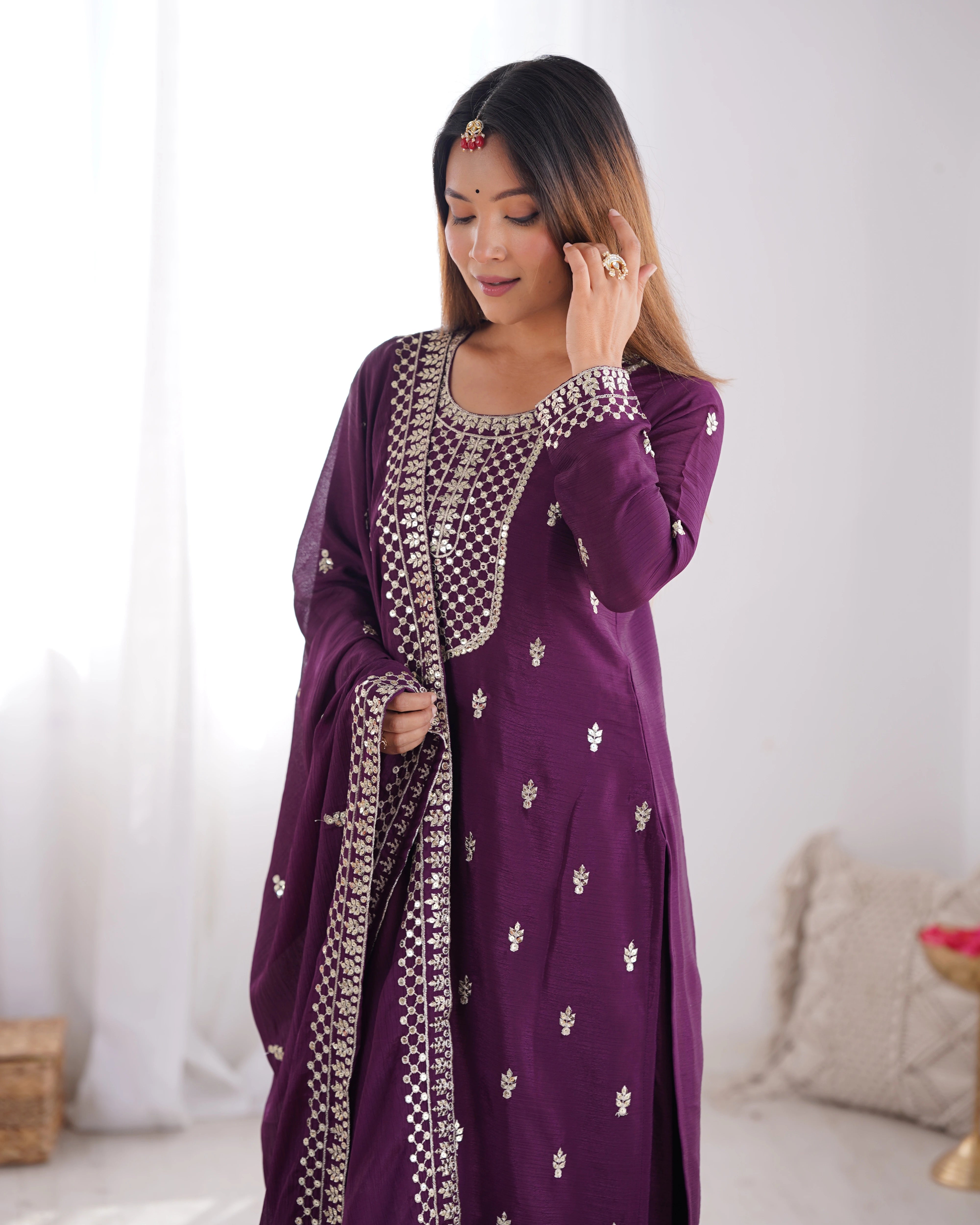 Wine Zari Embroidery & Sequin Chinon Silk Suit