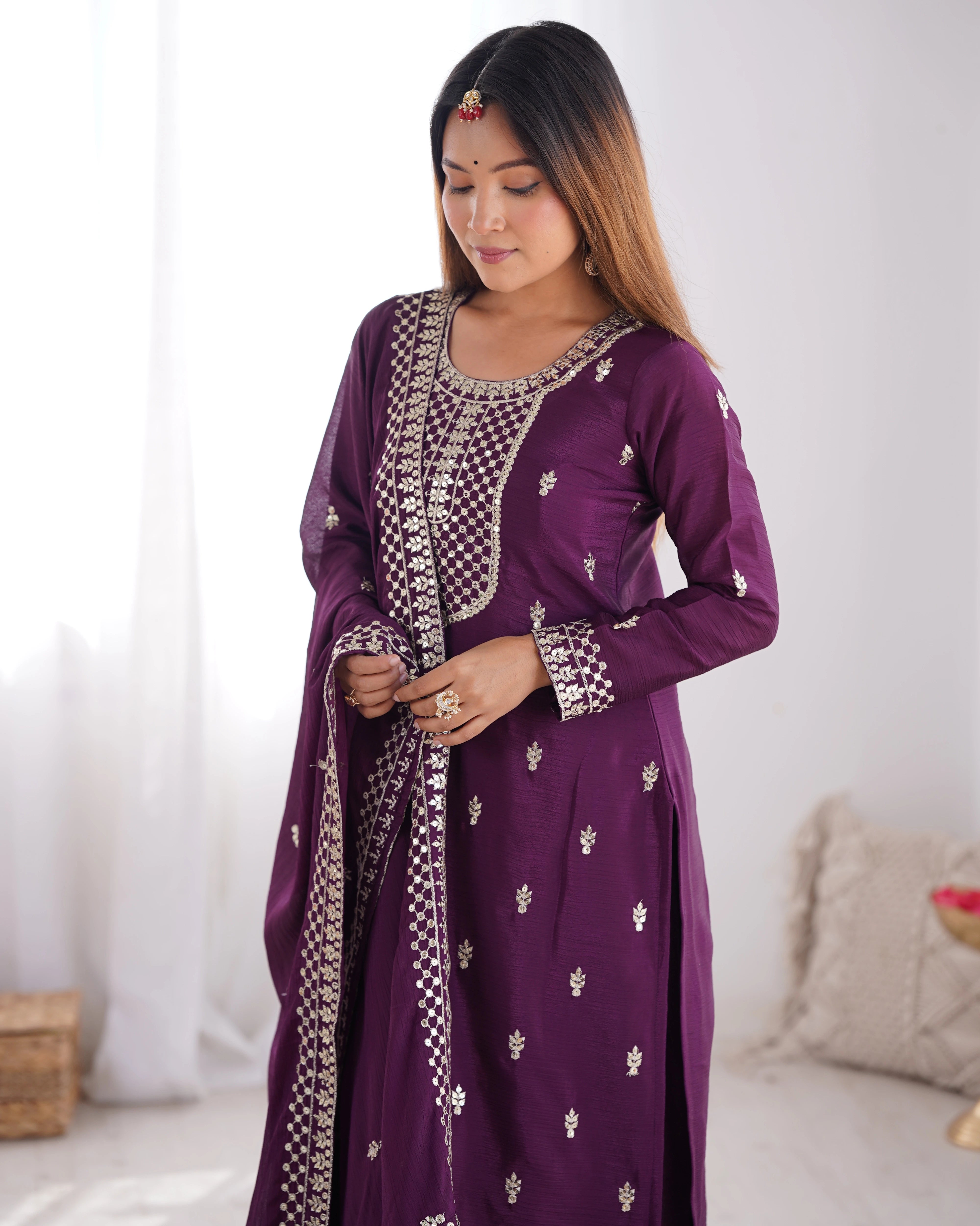 Wine Zari Embroidery & Sequin Chinon Silk Suit