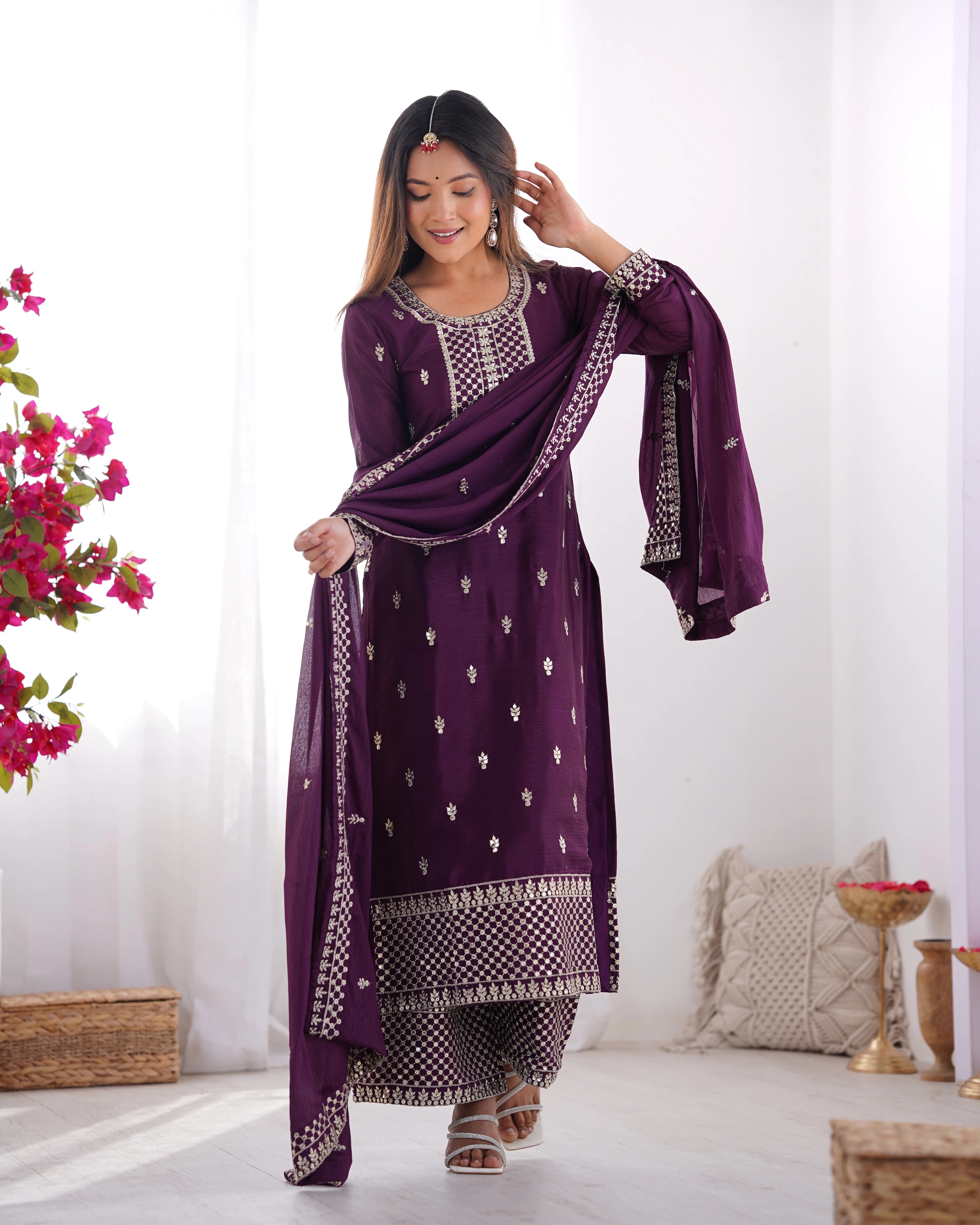 Wine Zari Embroidery & Sequin Chinon Silk Suit