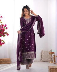 Wine Zari Embroidery & Sequin Chinon Silk Suit