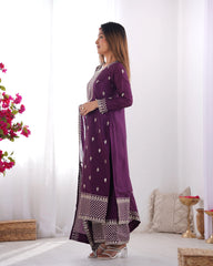 Wine Zari Embroidery & Sequin Chinon Silk Suit