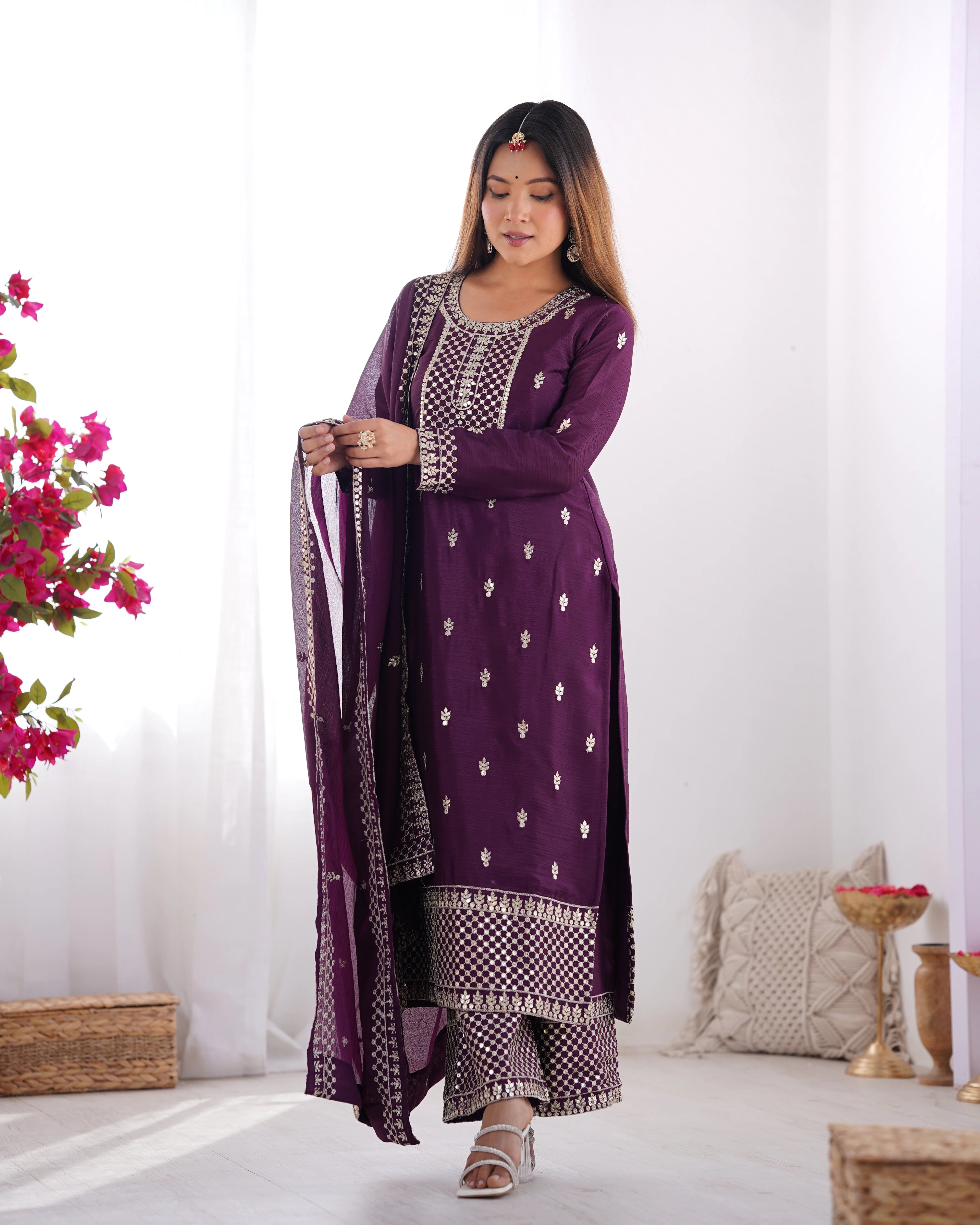 Wine Zari Embroidery & Sequin Chinon Silk Suit