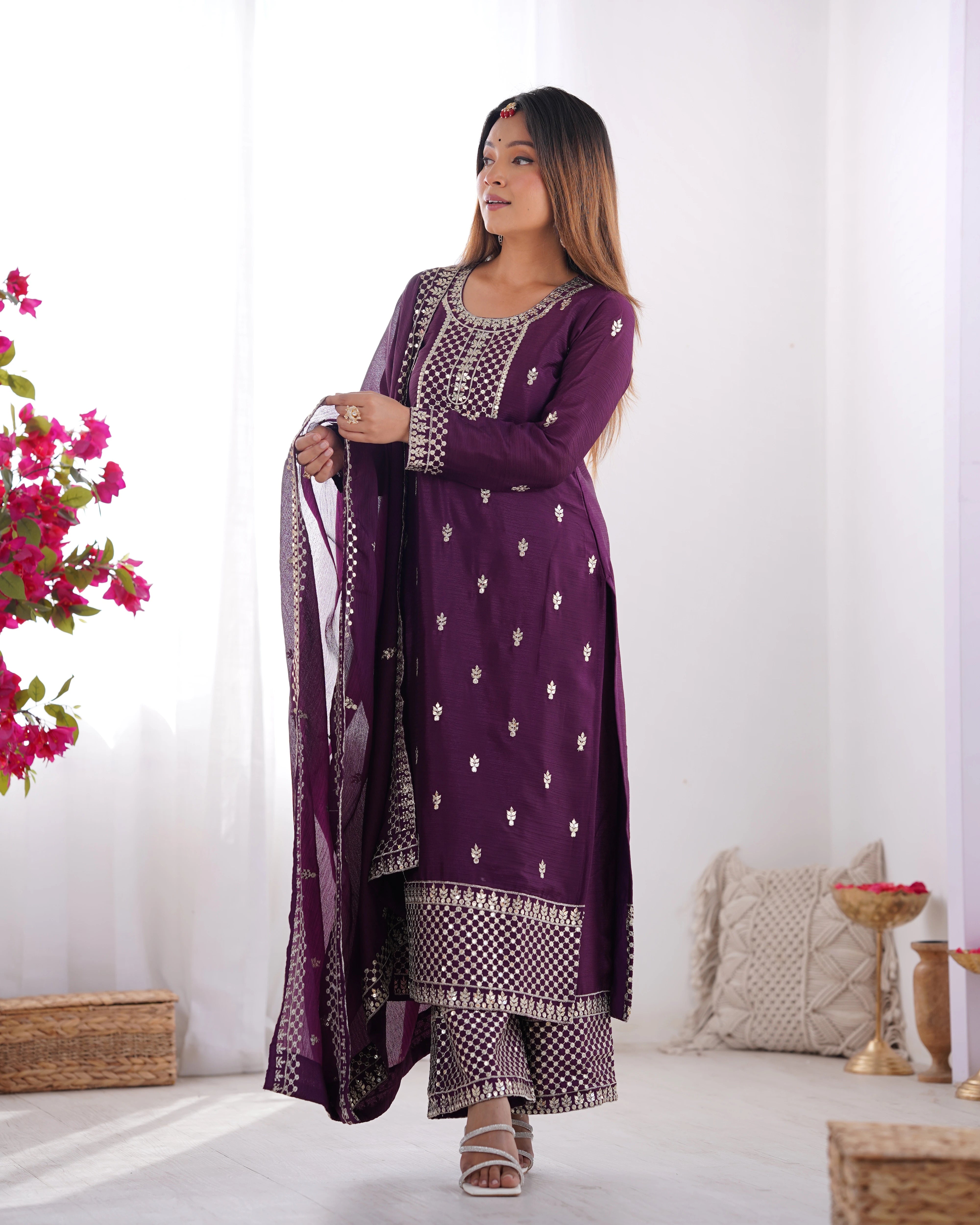 Wine Zari Embroidery & Sequin Chinon Silk Suit