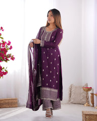 Wine Zari Embroidery & Sequin Chinon Silk Suit