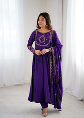 Soft Purple Yoke Fancy Handwork Roman Chanderi Silk Gown