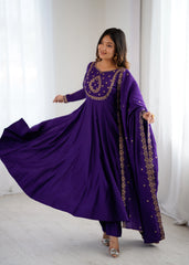 Soft Purple Yoke Fancy Handwork Roman Chanderi Silk Gown