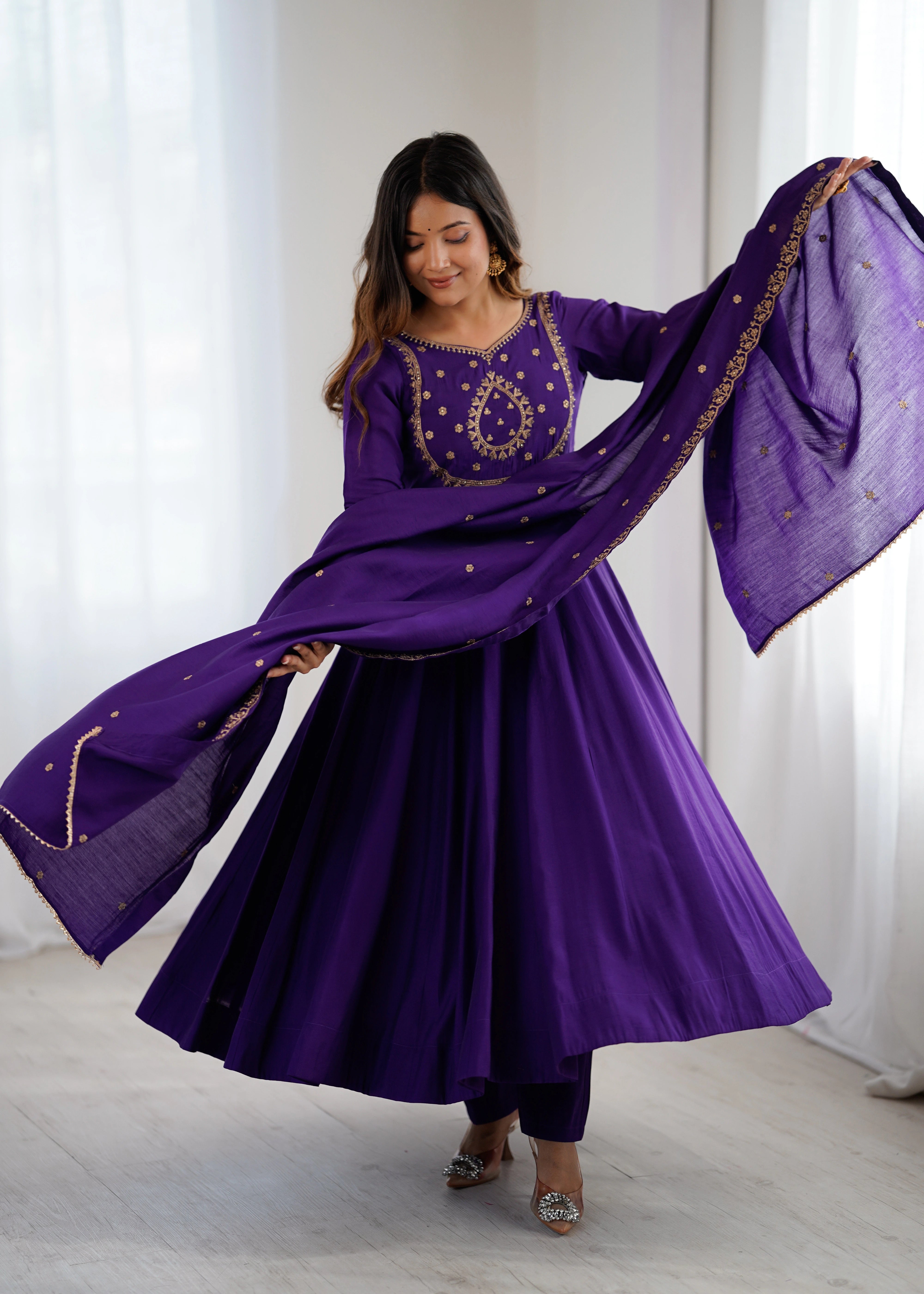 soft purple yoke fancy handwork roman chanderi silk gown
