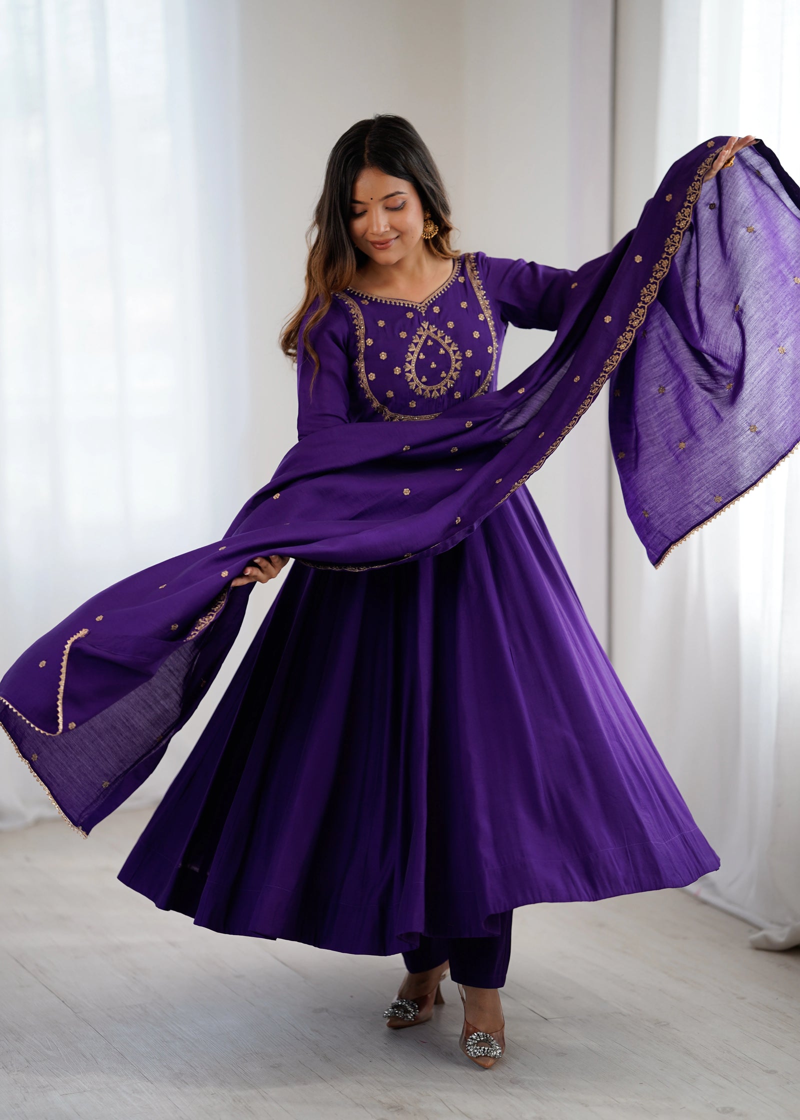 soft purple yoke fancy handwork roman chanderi silk gown