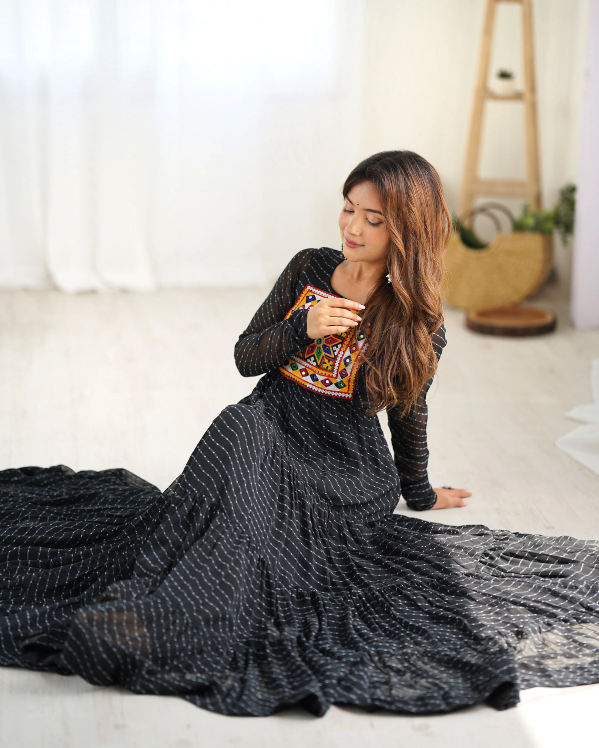 Black Gamthi with Laheriya Print Fox Georgette Gown - kalyanja