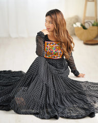 Black Gamthi with Laheriya Print Fox Georgette Gown
