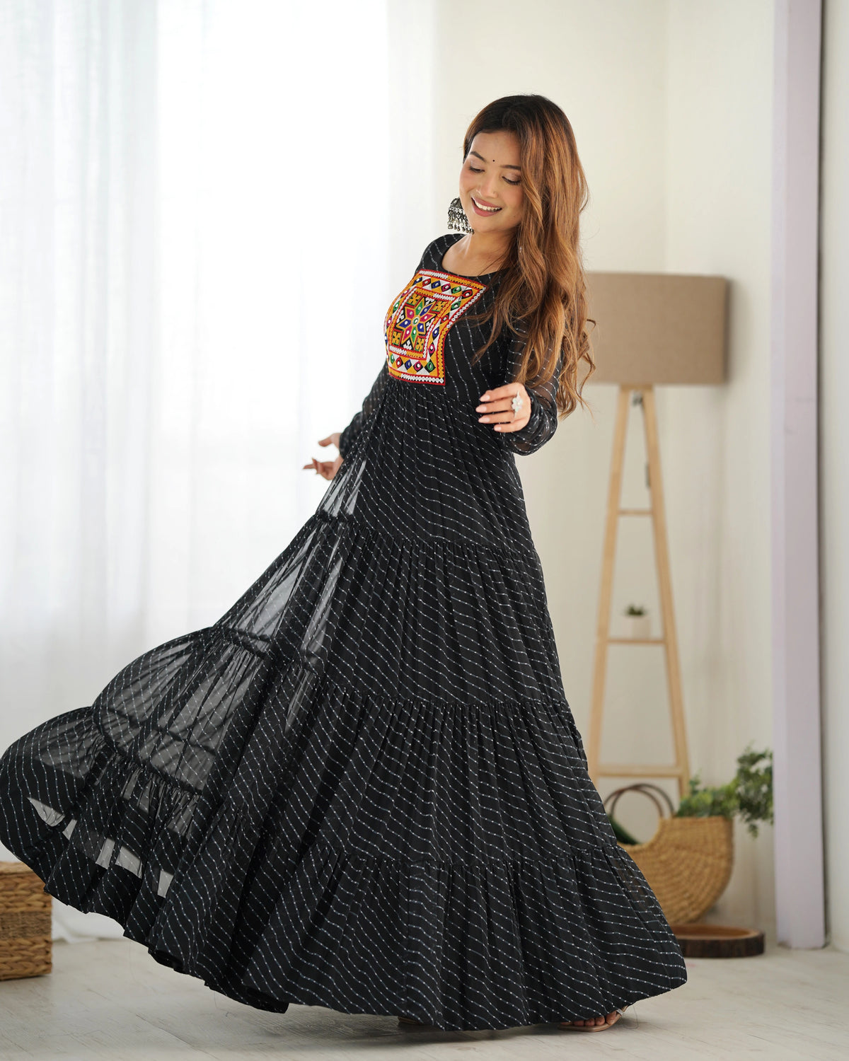 Black Gamthi with Laheriya Print Fox Georgette Gown - kalyanja