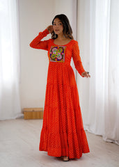 Orange Gamthi with Laheriya Print Fox Georgette Gown