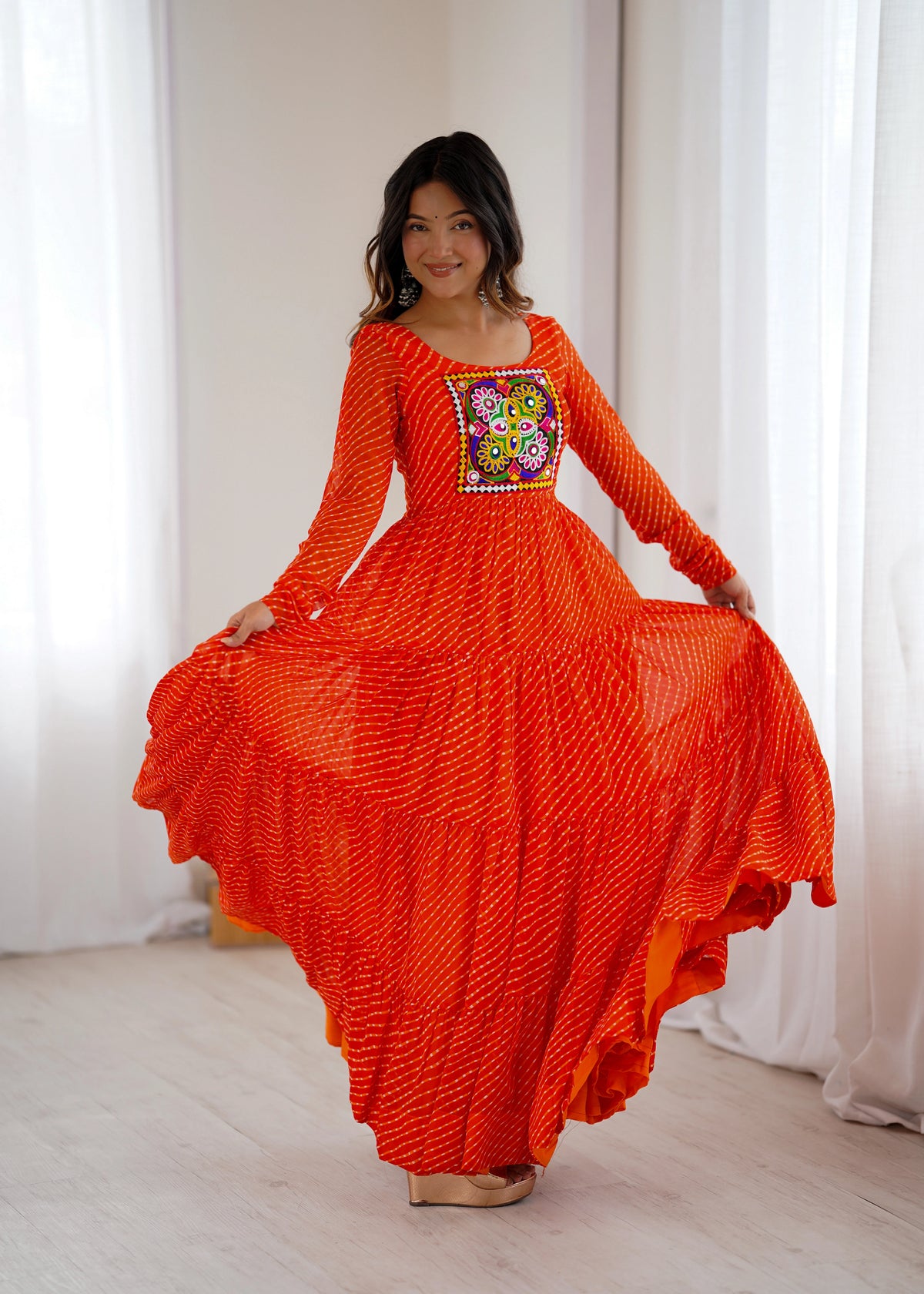 Orange Gamthi with Laheriya Print Fox Georgette Gown – Kalyanja

