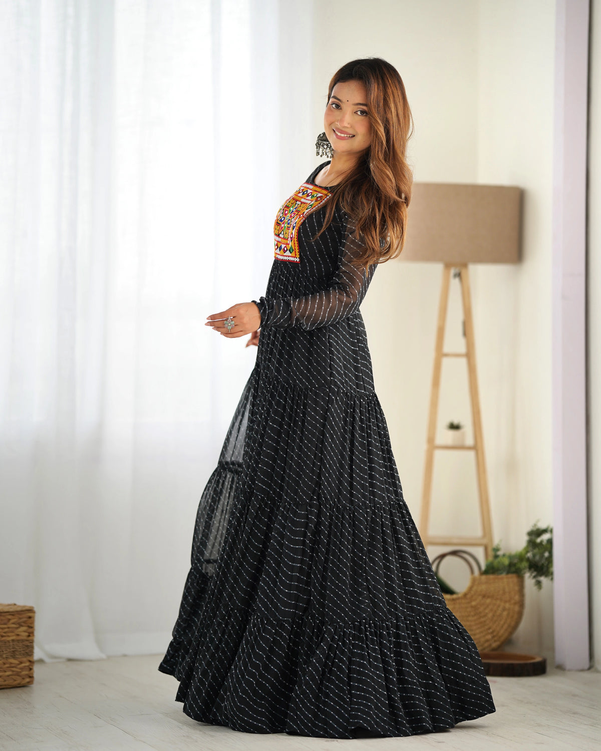 Black Gamthi with Laheriya Print Fox Georgette Gown – Kalyanja