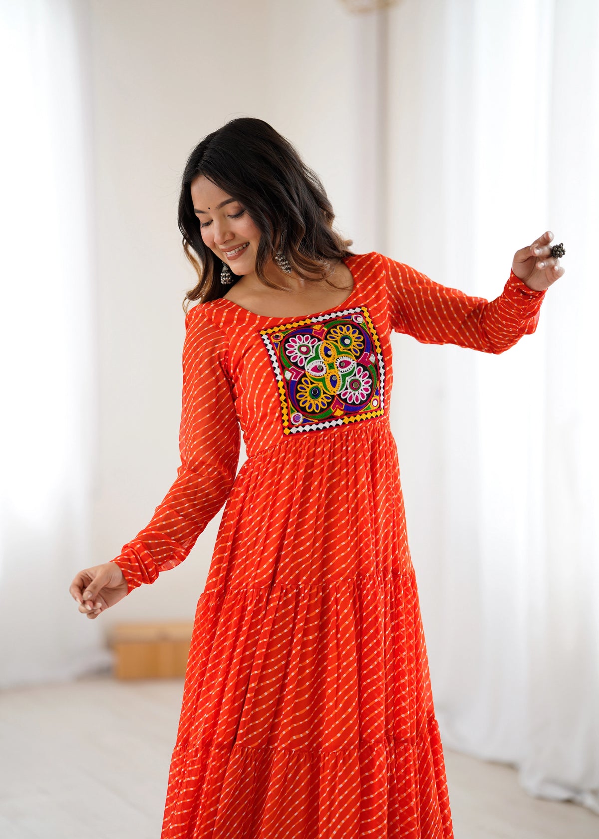 Orange Gamthi with Laheriya Print Fox Georgette Gown - kalyanja