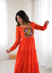 Orange Gamthi with Laheriya Print Fox Georgette Gown