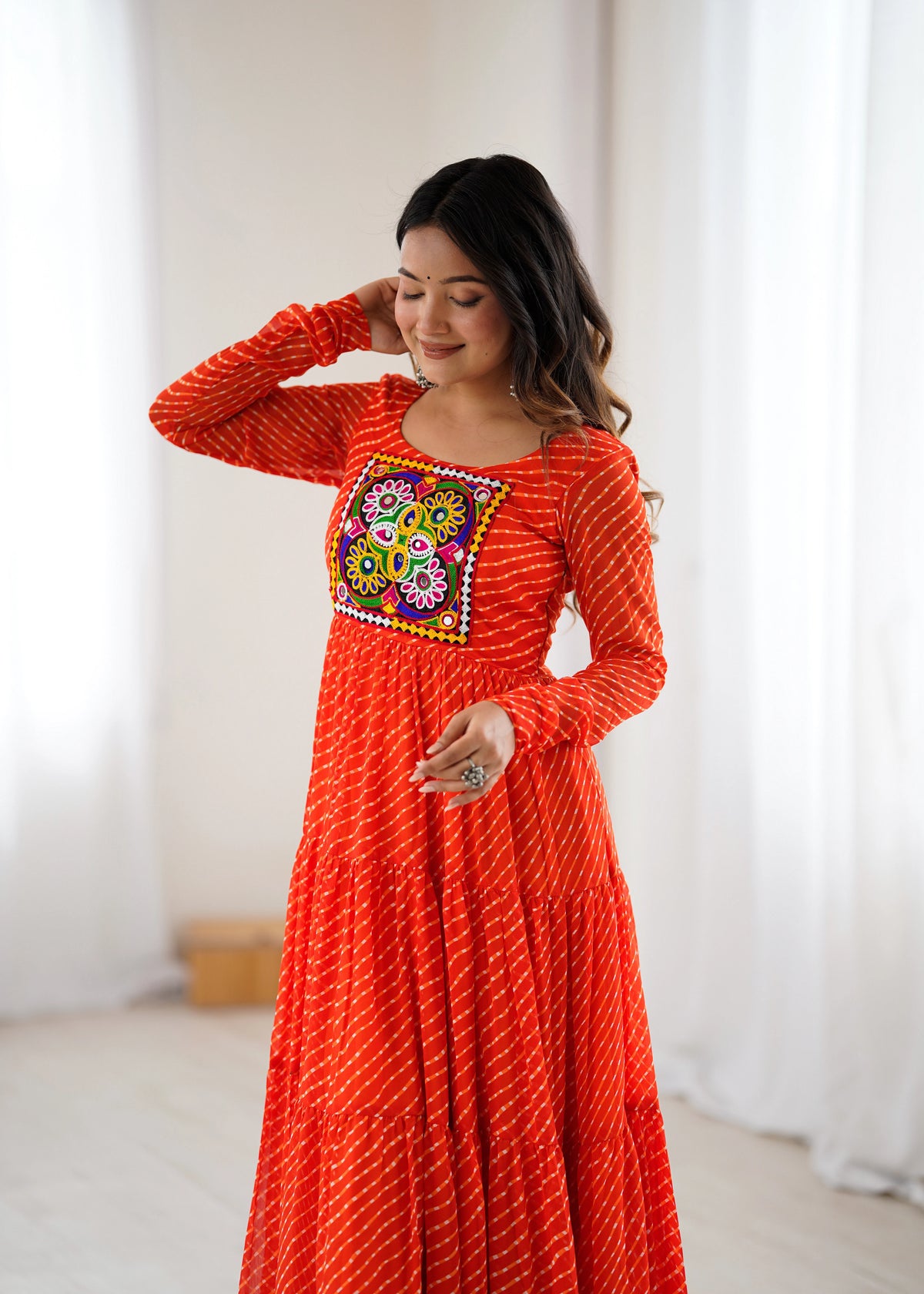 Orange Gamthi with Laheriya Print Fox Georgette Gown – Kalyanja
