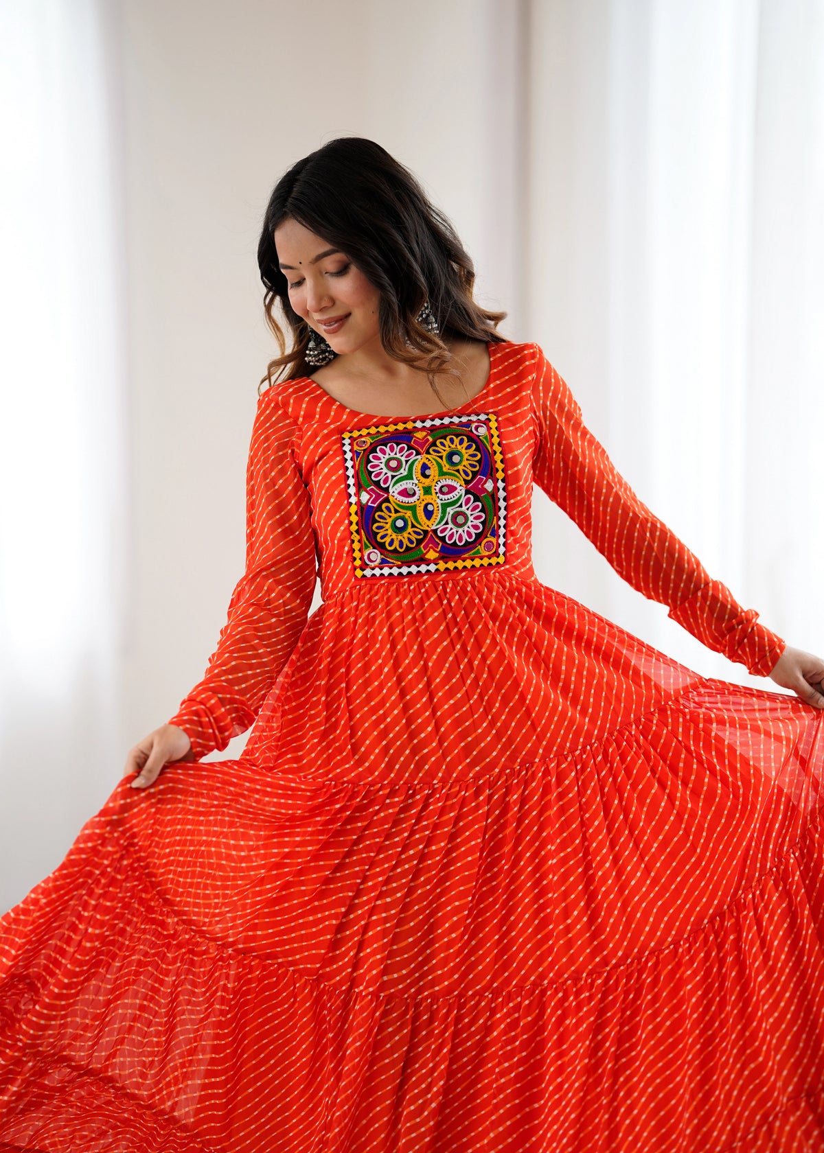 Orange Gamthi with Laheriya Print Fox Georgette Gown – Kalyanja
