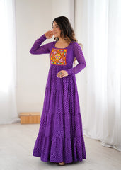 Purple Gamthi with Laheriya Print Fox Georgette Gown