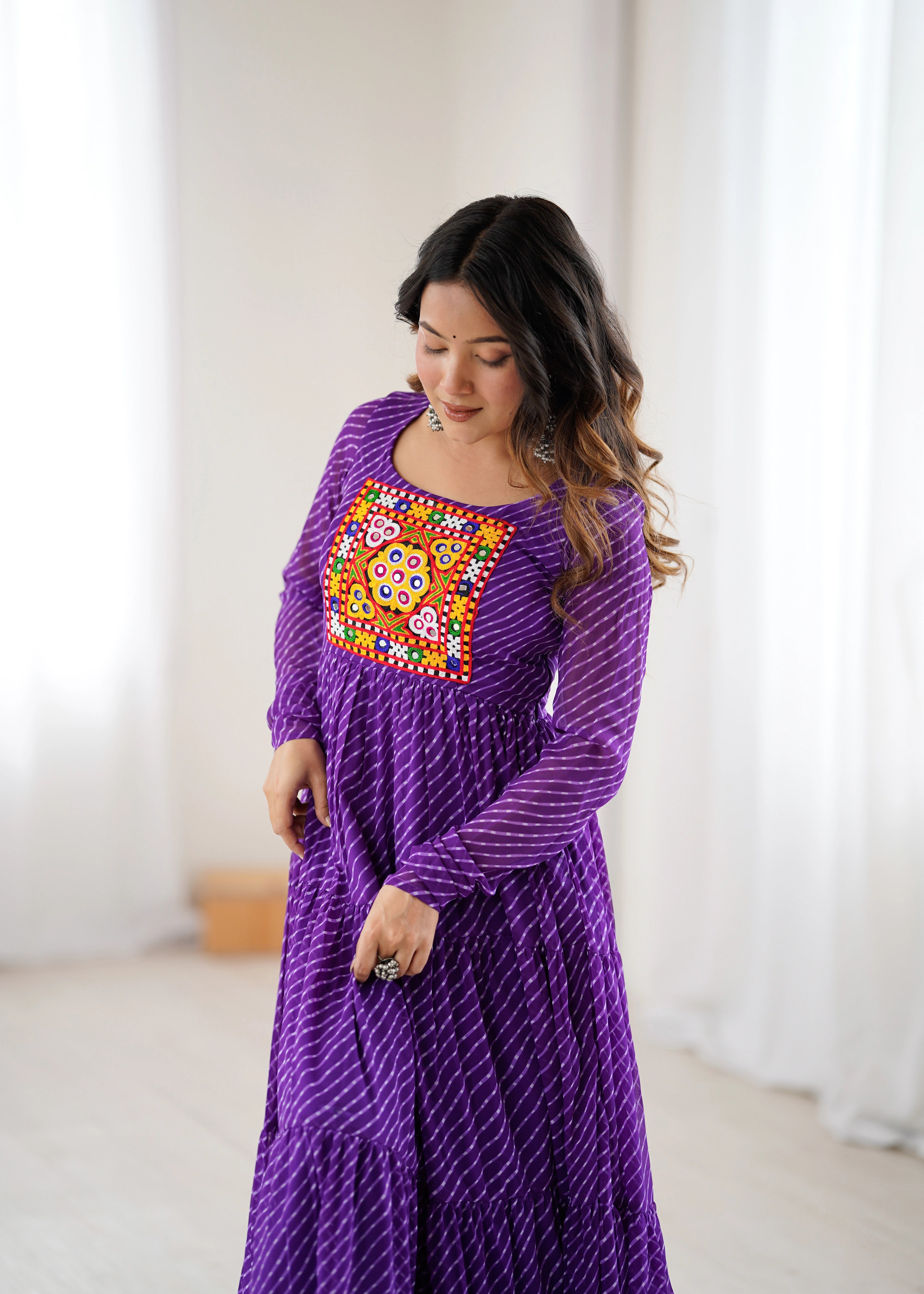 Purple Gamthi with Laheriya Print Fox Georgette Gown