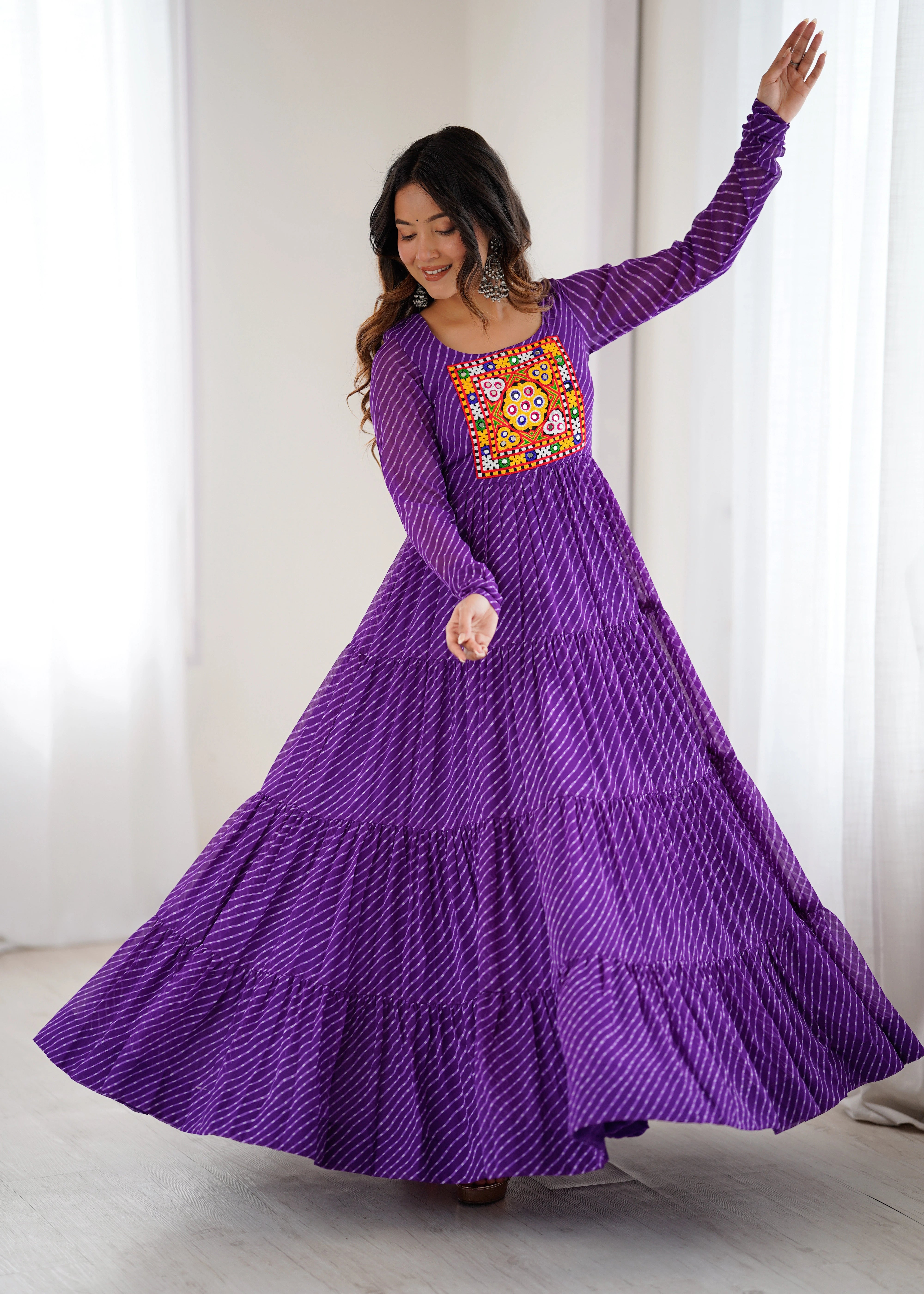 Purple Gamthi with Laheriya Print Fox Georgette Gown