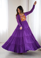 Purple Gamthi with Laheriya Print Fox Georgette Gown