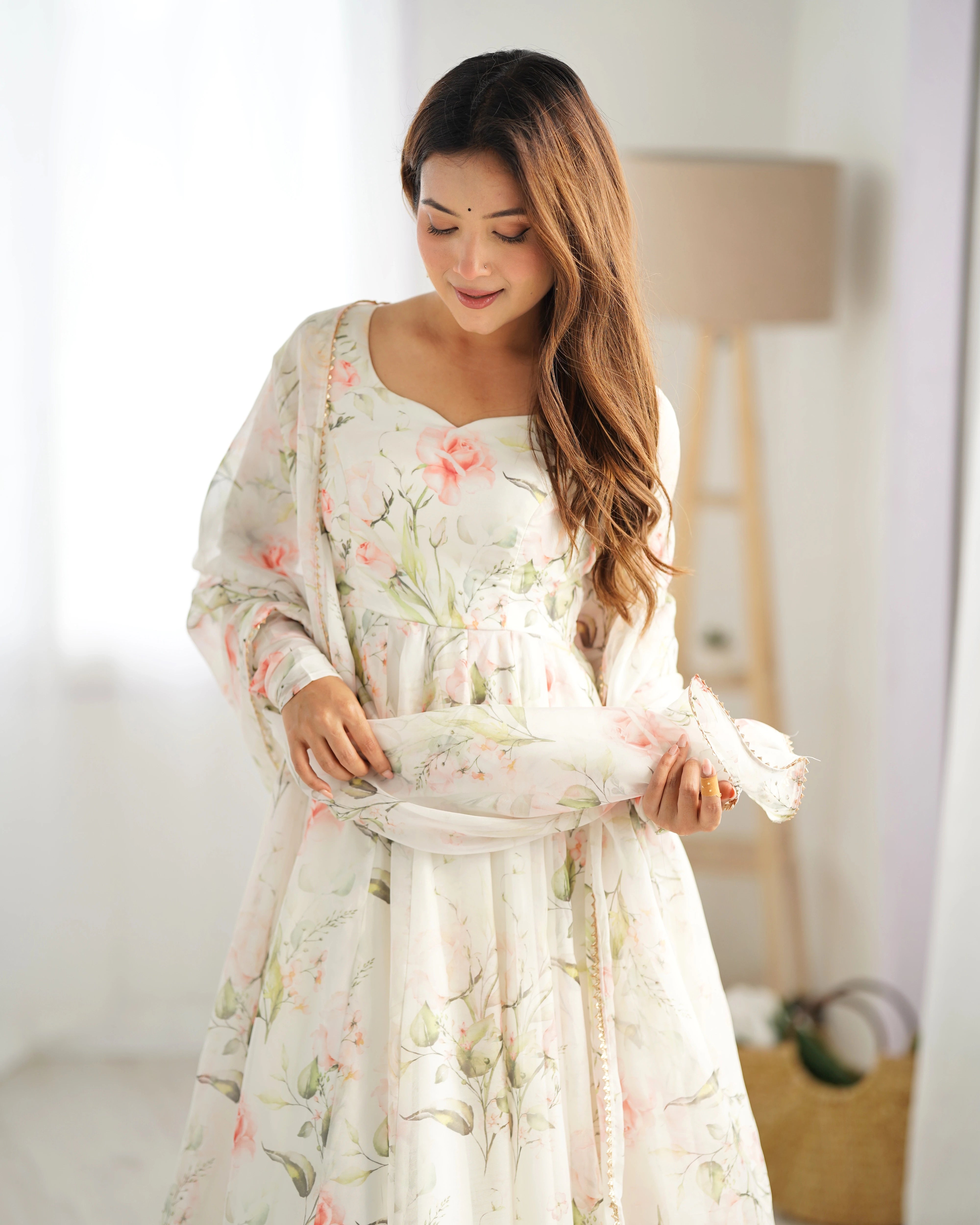 Off White Floral Printed Organza Silk Suit