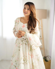 Off White Floral Printed Organza Silk Suit