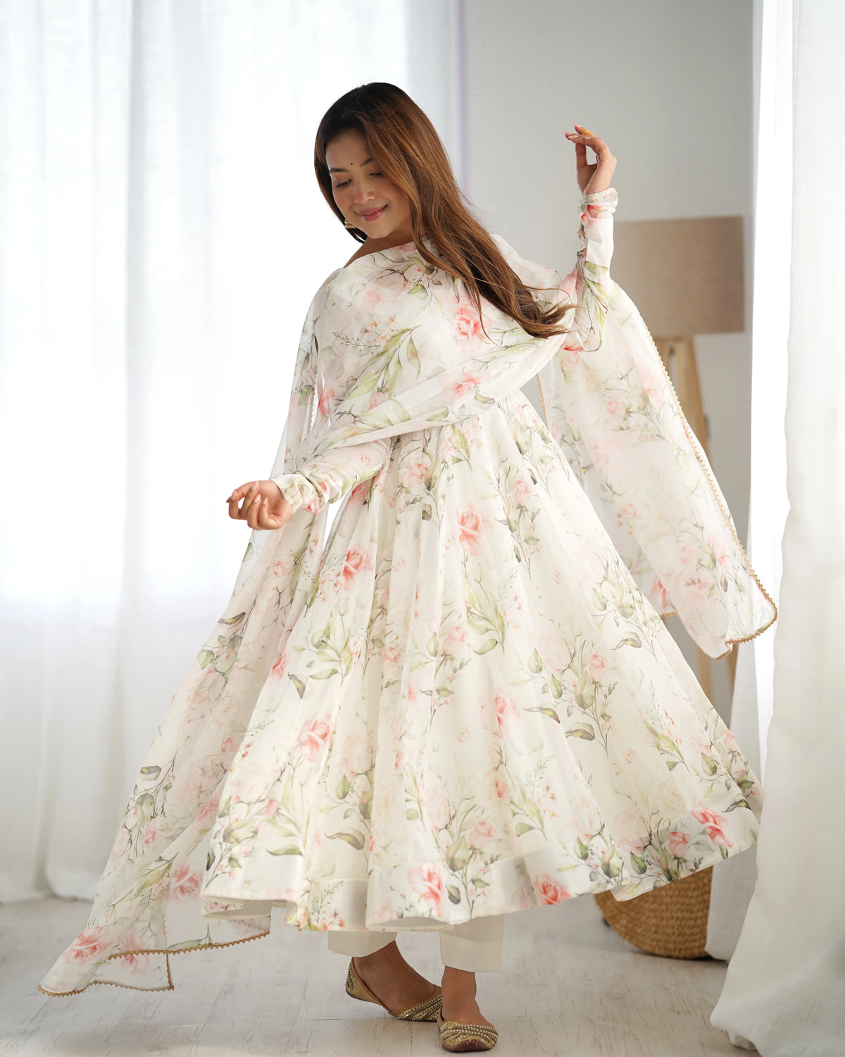 Off White Floral Printed Organza Silk Suit - kalyanja