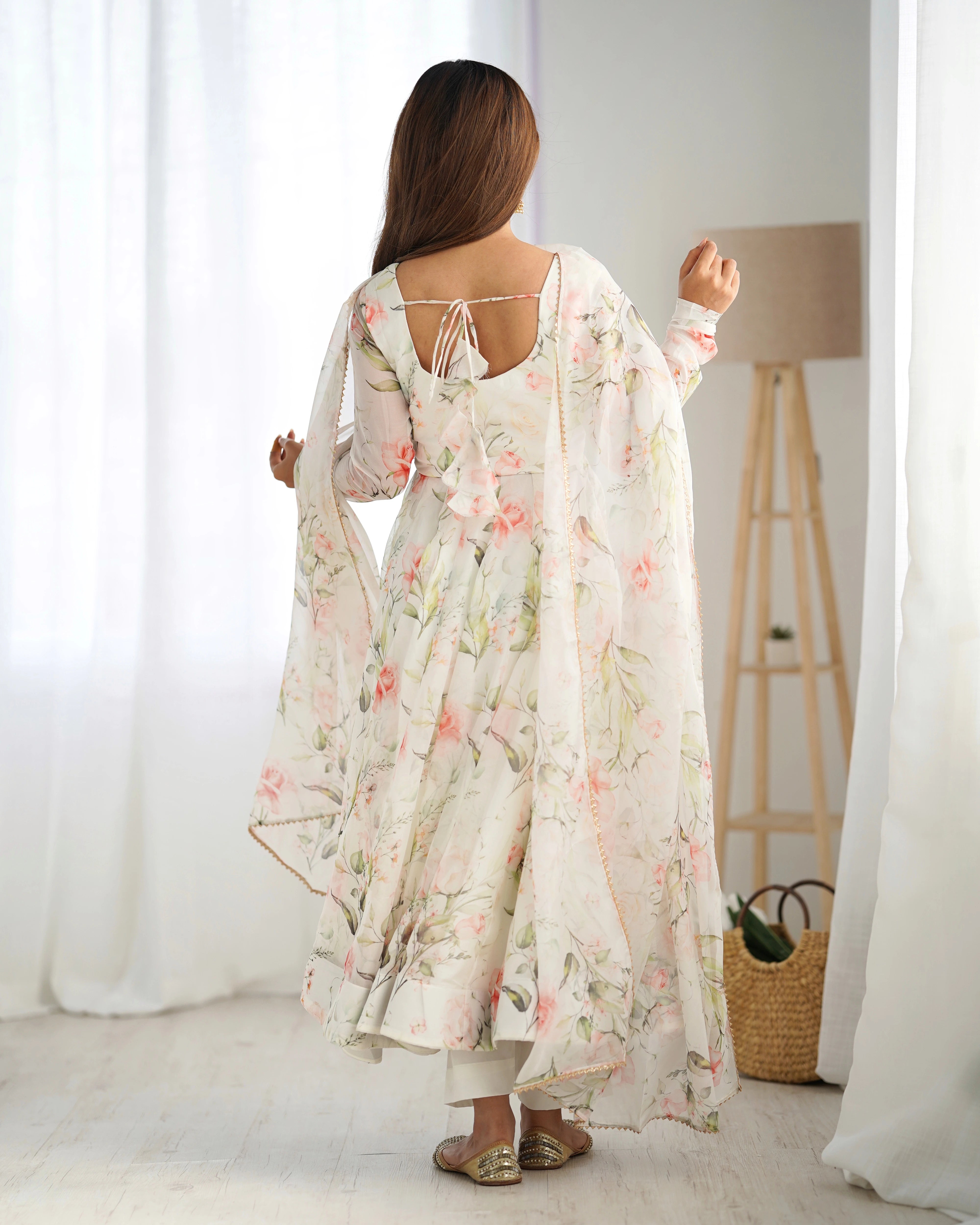 Off White Floral Printed Organza Silk Suit