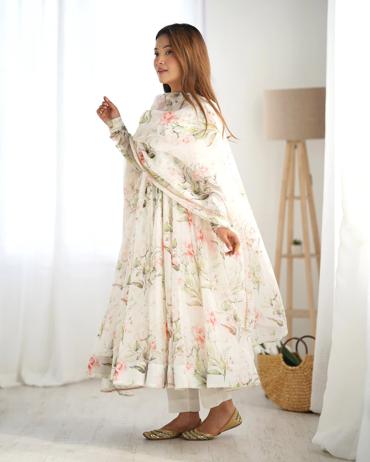 Off White Floral Printed Organza Silk Suit - kalyanja
