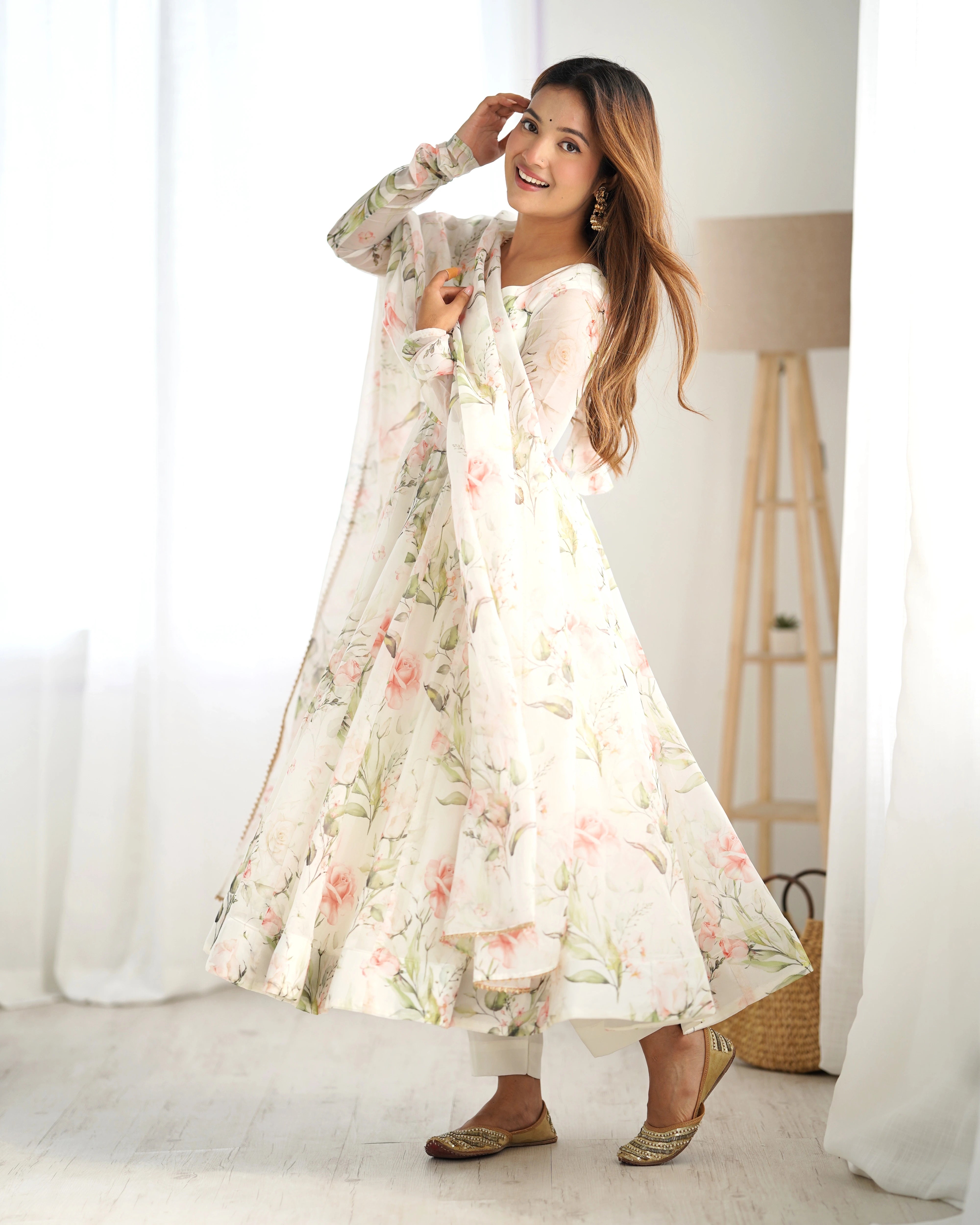 Off White Floral Printed Organza Silk Suit
