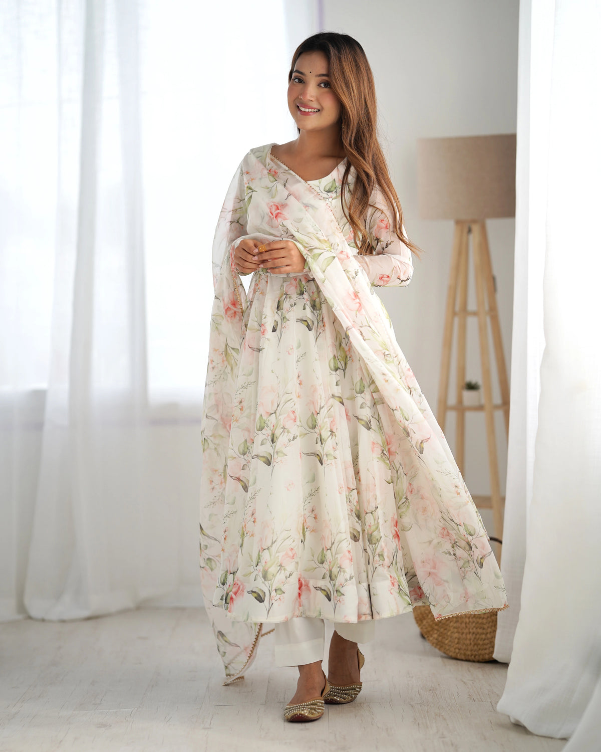 Off White Floral Printed Organza Silk Suit - kalyanja