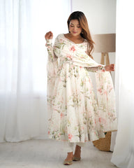 Off White Floral Printed Organza Silk Suit