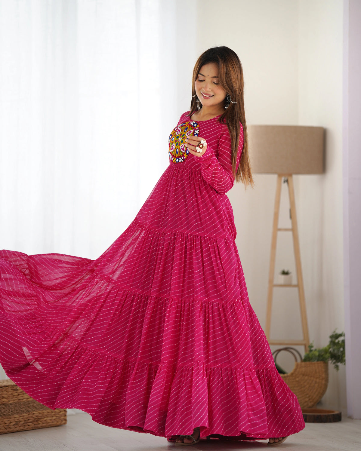 Dark Pink Gamthi with Laheriya Print Fox Georgette Gown