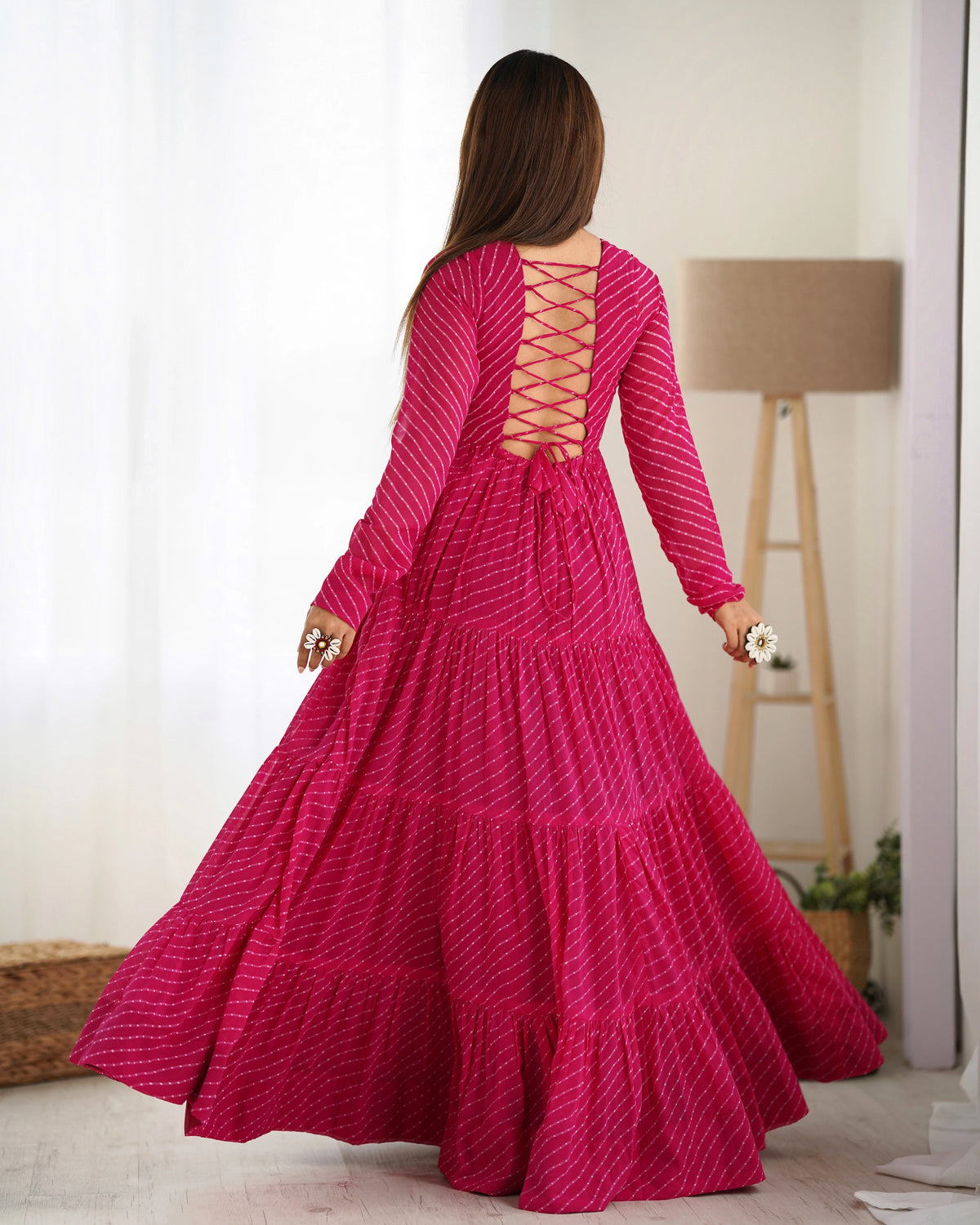 Dark Pink Gamthi with Laheriya Print Fox Georgette Gown - kalyanja