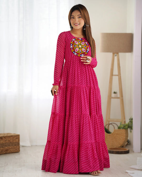 Dark Pink Gamthi with Laheriya Print Fox Georgette Gown - kalyanja