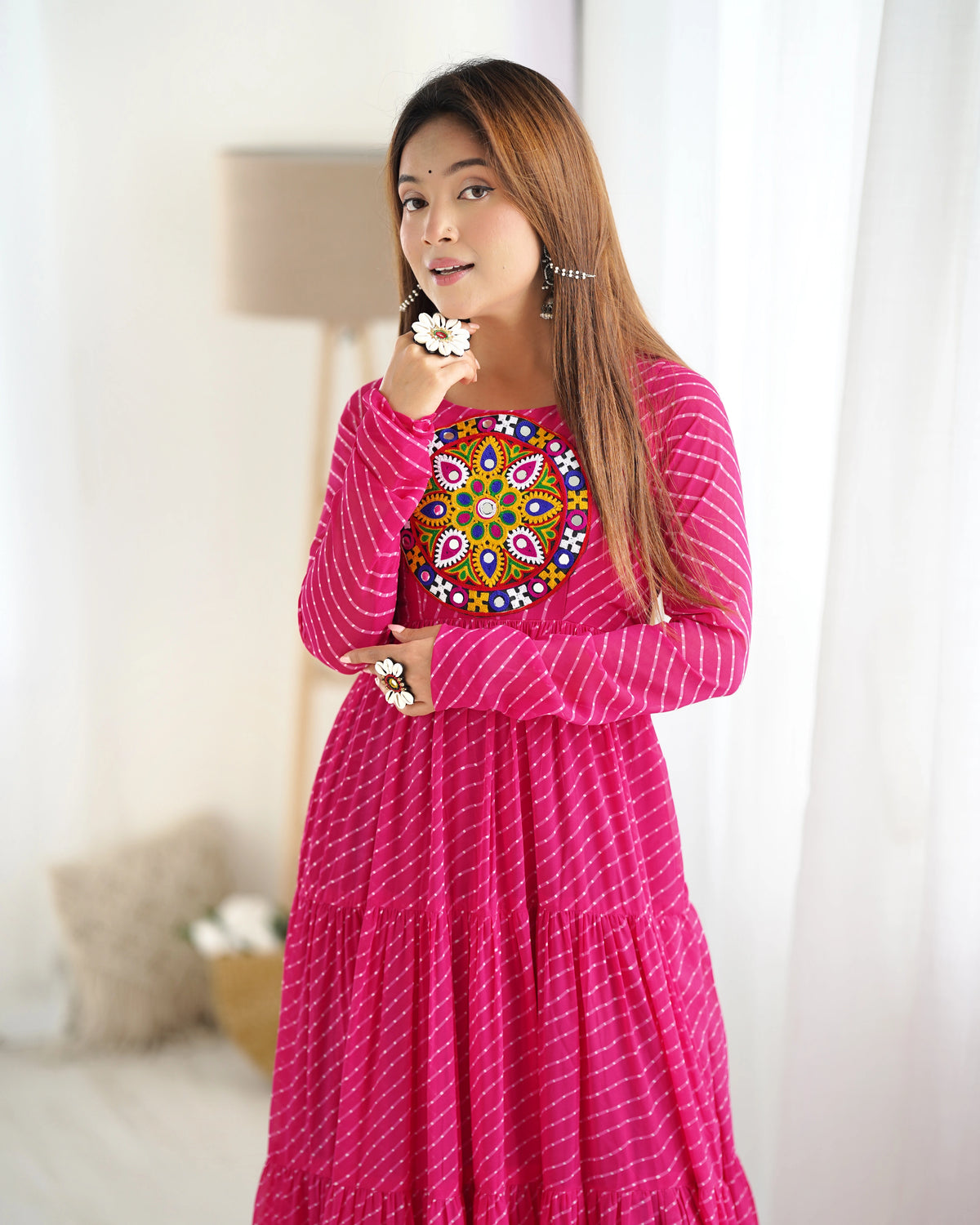 Dark Pink Gamthi with Laheriya Print Fox Georgette Gown – Kalyanja
