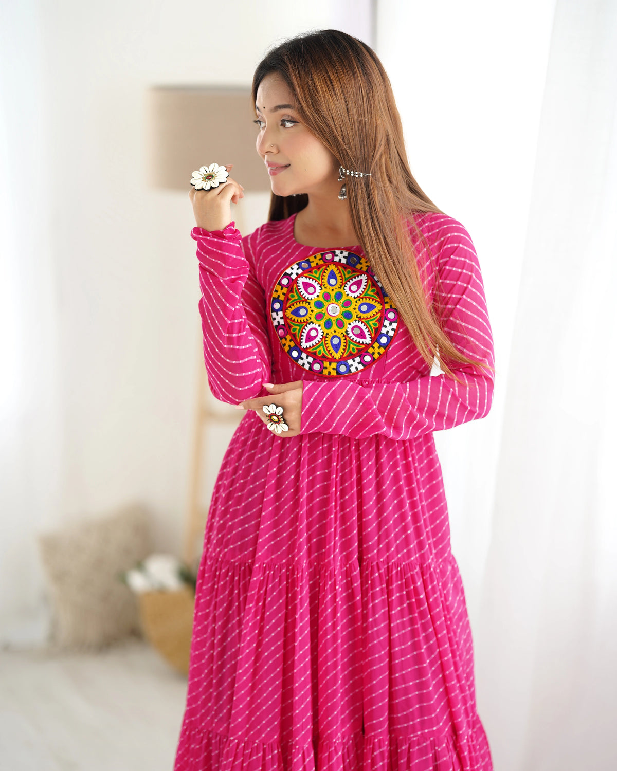 Dark Pink Gamthi with Laheriya Print Fox Georgette Gown – Kalyanja
