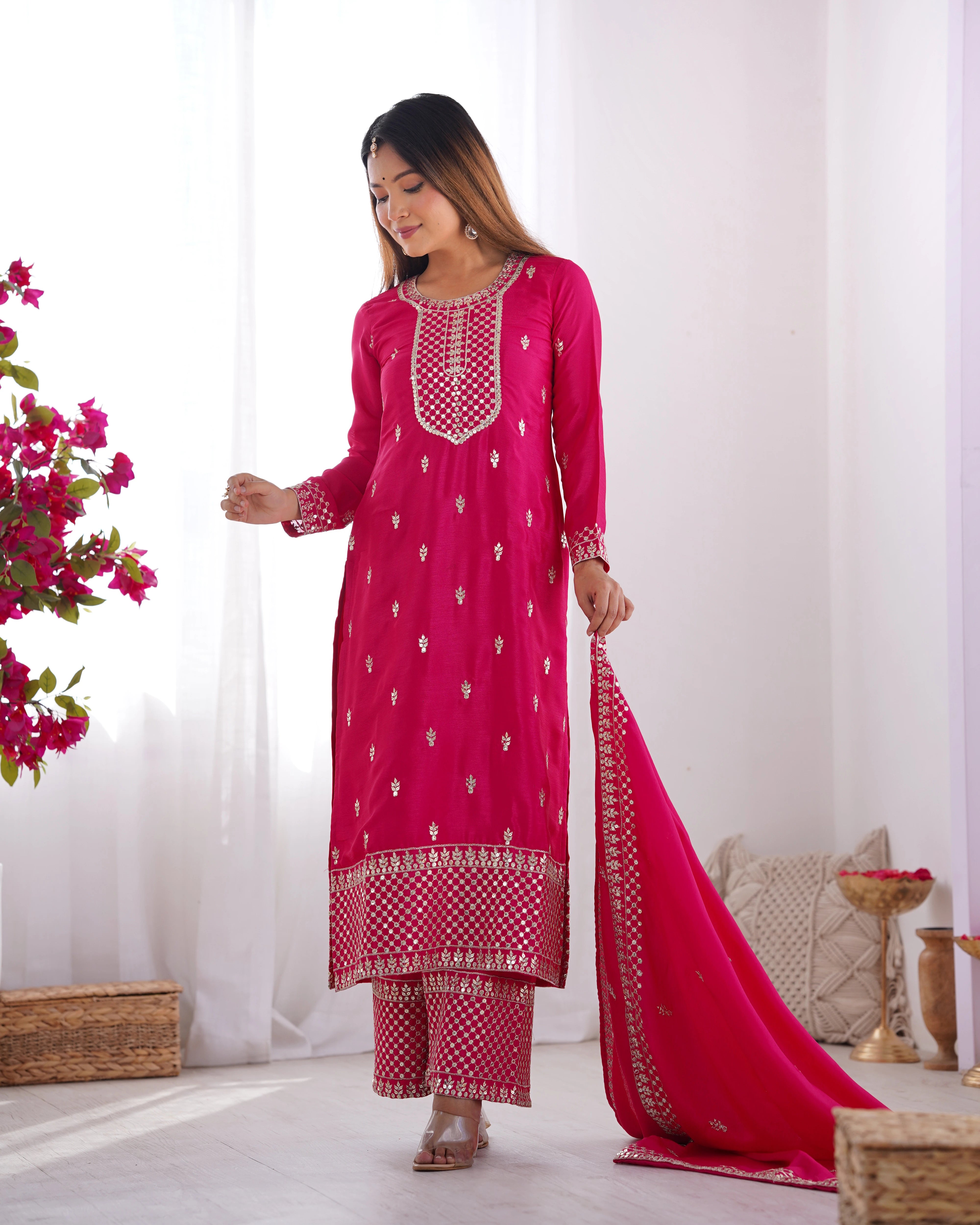 Dark Pink Zari Embroidery & Sequin Chinon Silk Suit