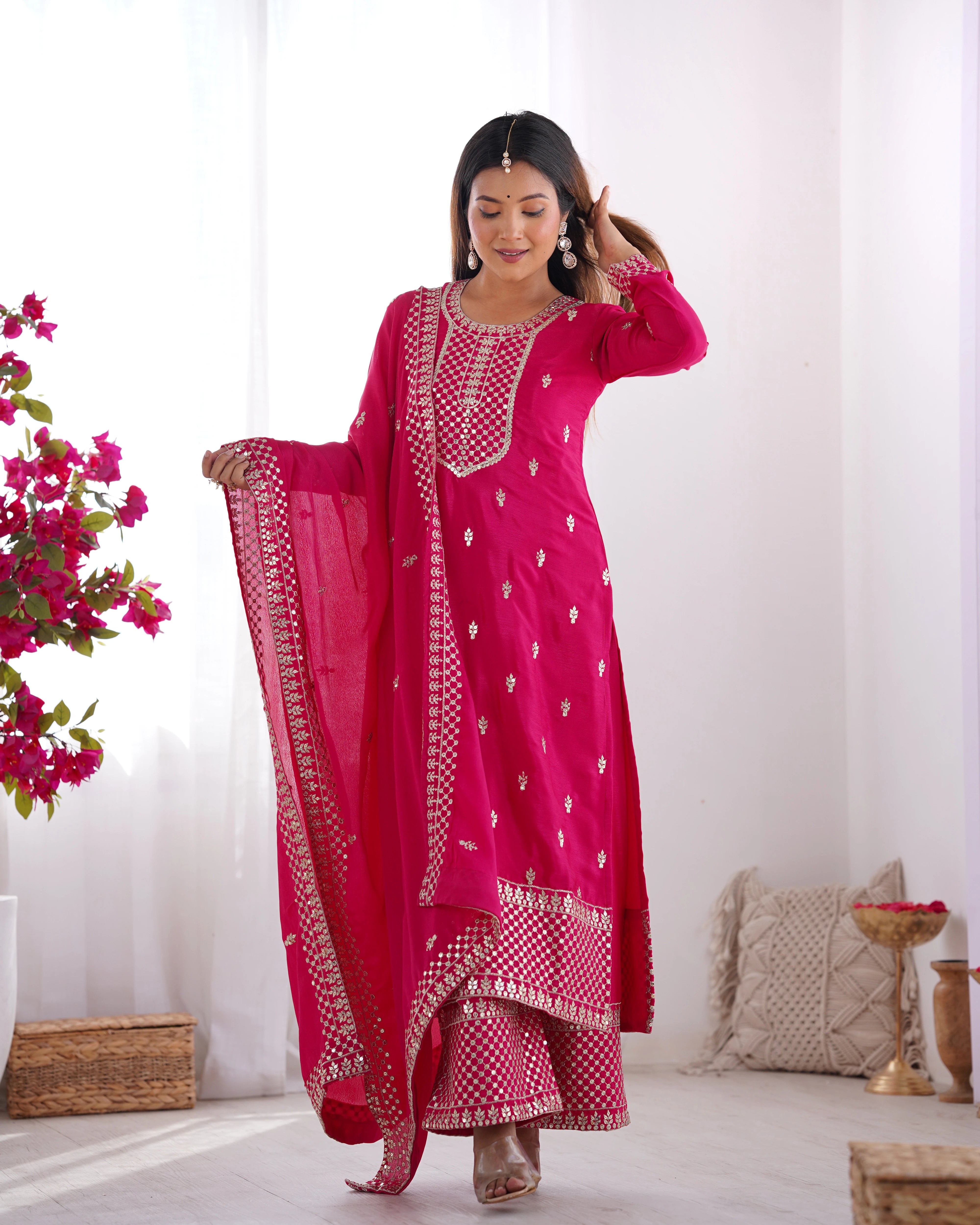 Dark Pink Zari Embroidery & Sequin Chinon Silk Suit